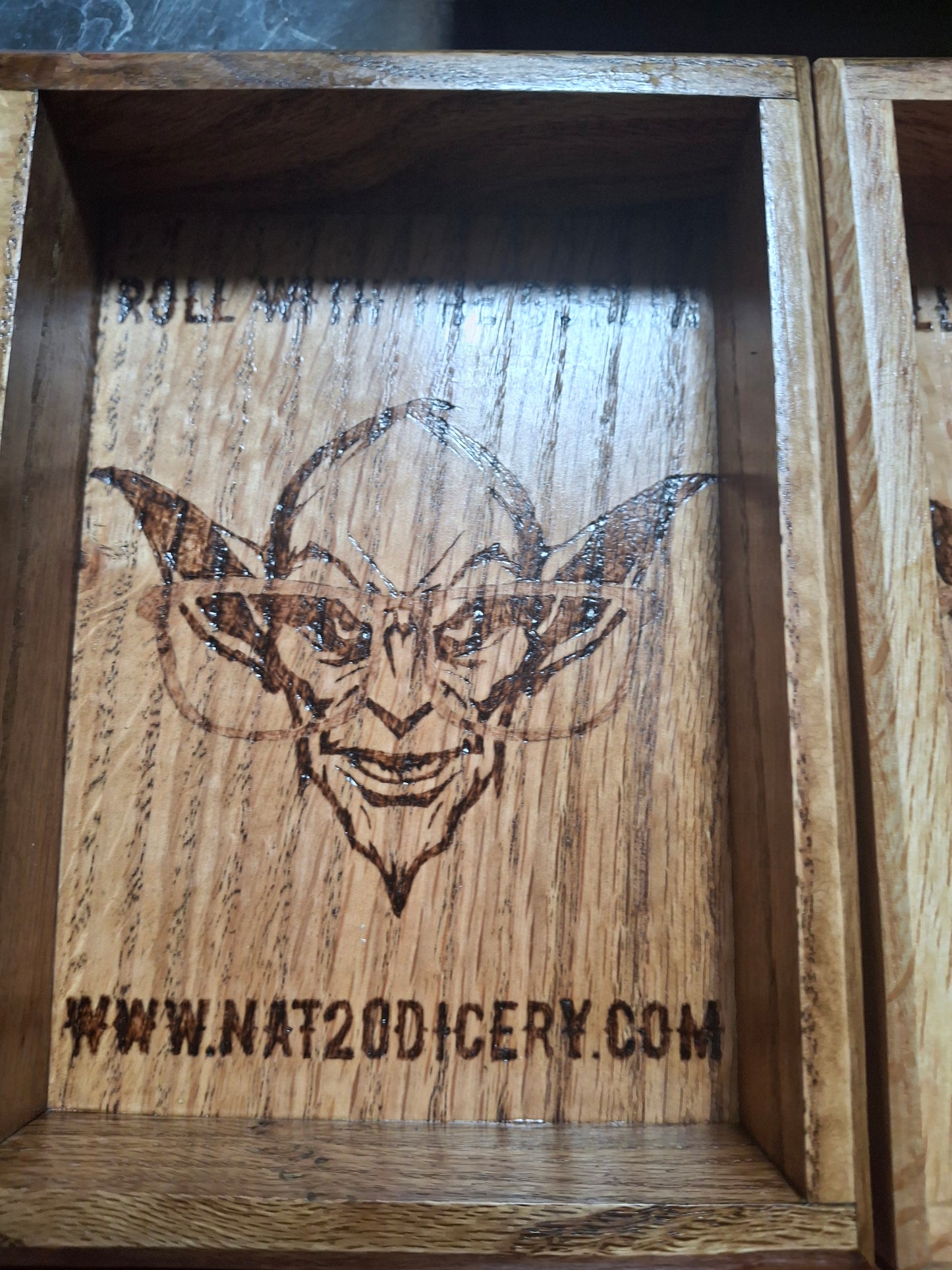 🌑 Goblinshade Hollow – Dark Walnut Dice Tray with the Dice Goblin’s Mark
