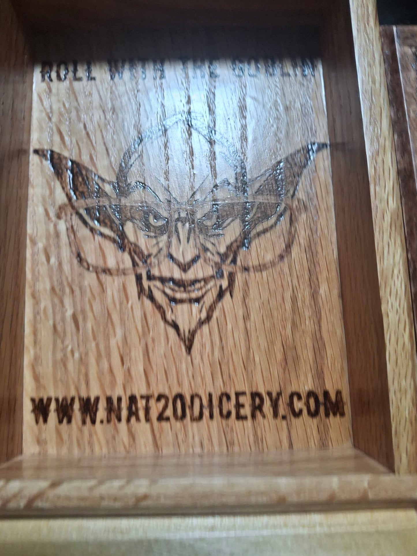 🌑 Goblinshade Hollow – Dark Walnut Dice Tray with the Dice Goblin’s Mark