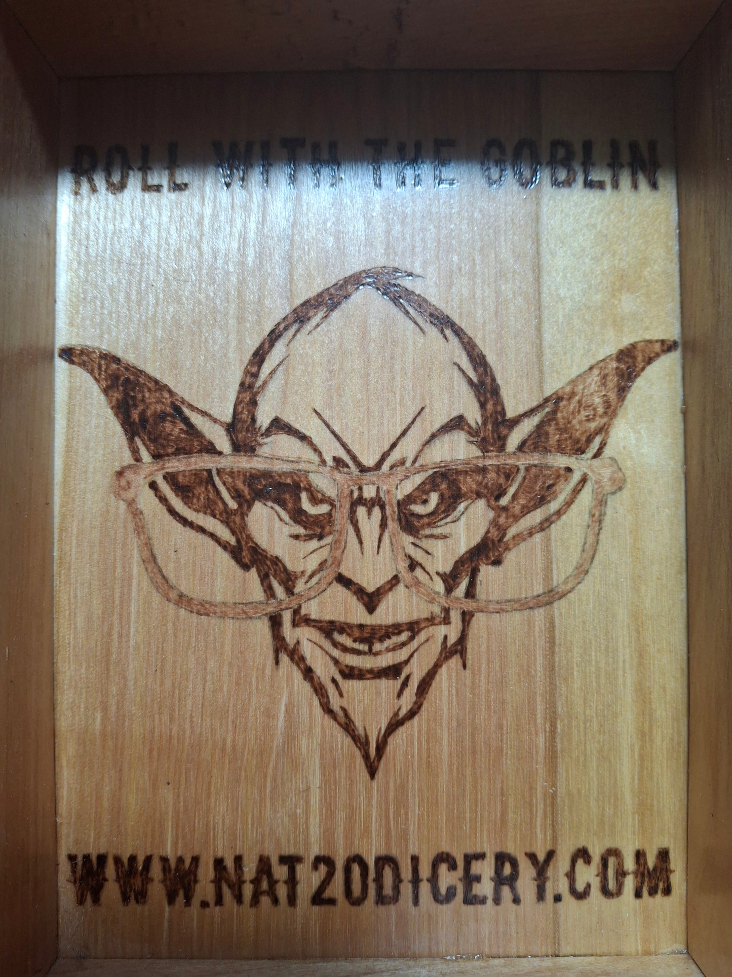 Goblinlight Grove – Handcrafted Pine Dice Tray with the Dice Goblin’s Mark
