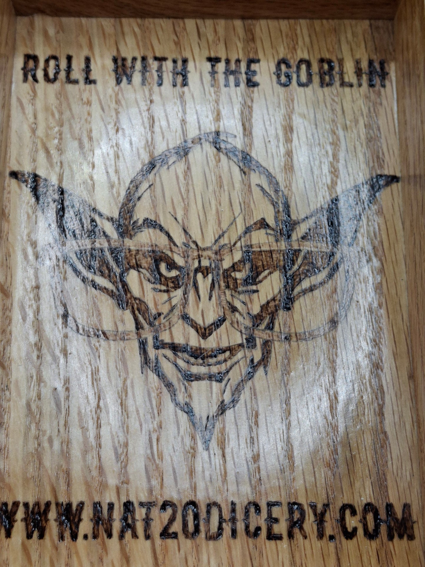 🌑 Goblinshade Hollow – Dark Walnut Dice Tray with the Dice Goblin’s Mark