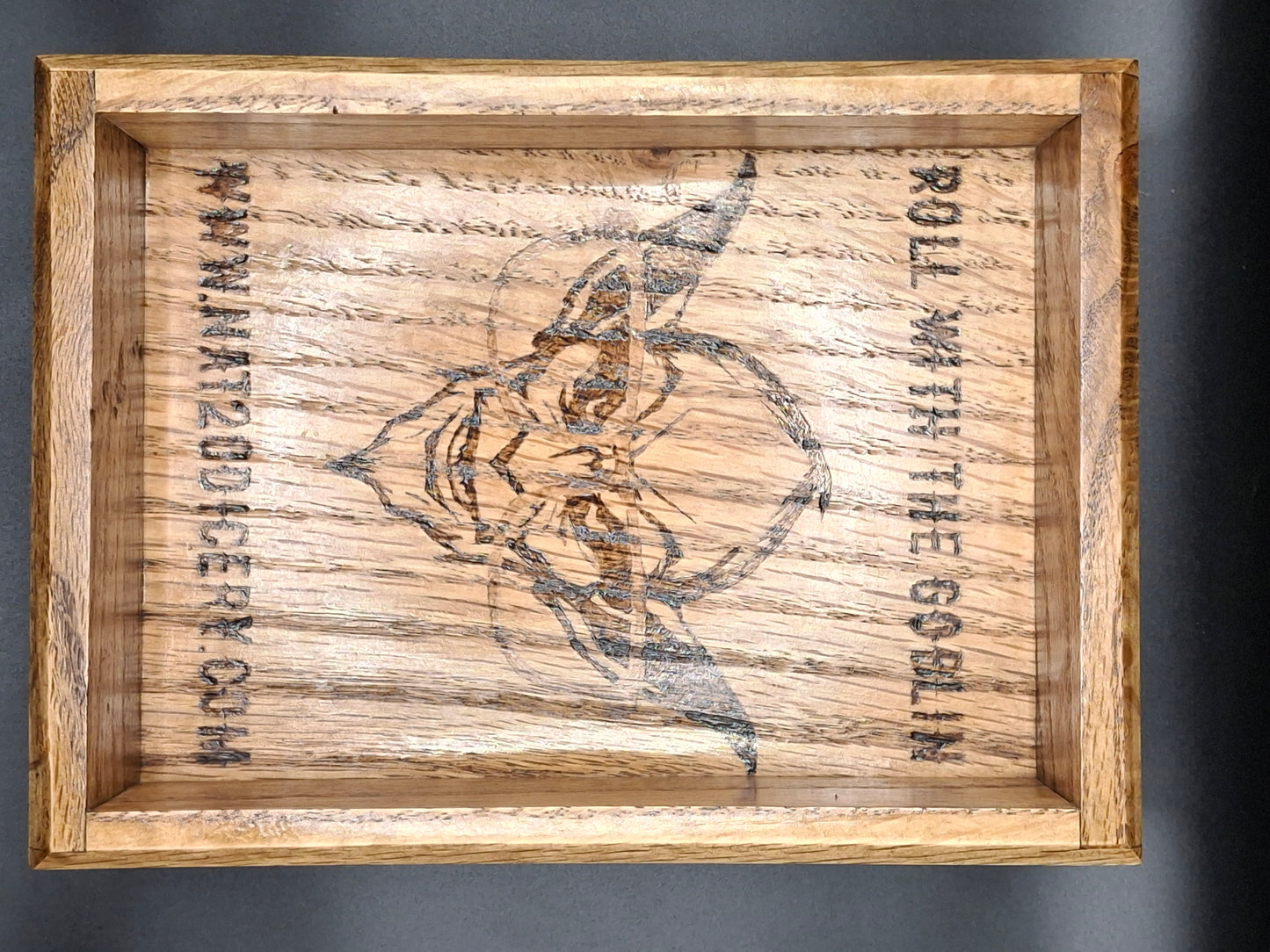 Goblinbound Oak – Handcrafted Oak Dice Tray with the Dice Goblin’s Mark