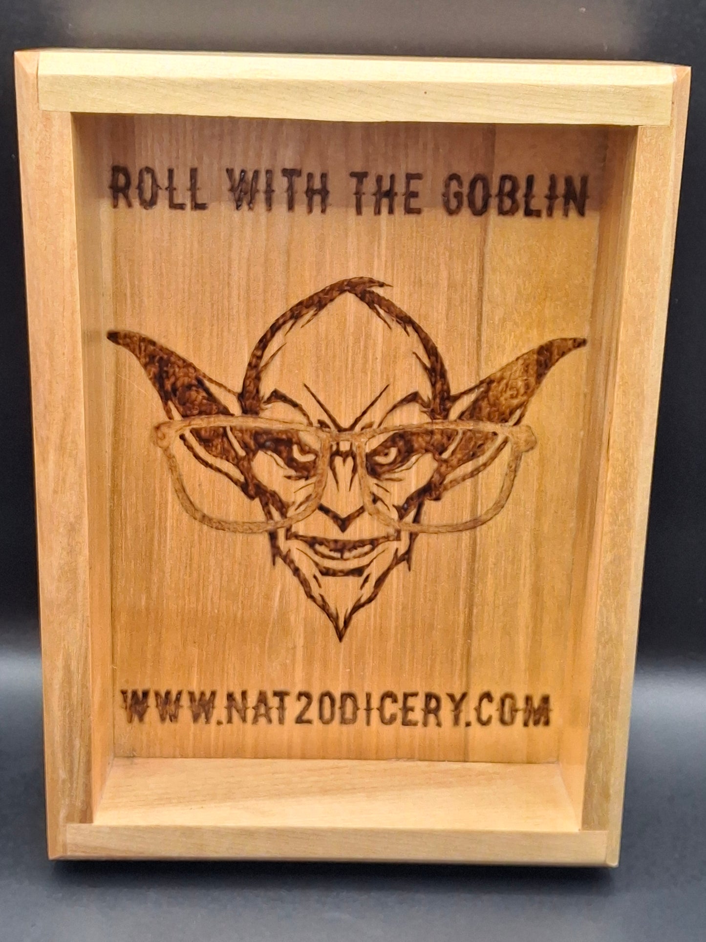 Goblinlight Grove – Handcrafted Pine Dice Tray with the Dice Goblin’s Mark
