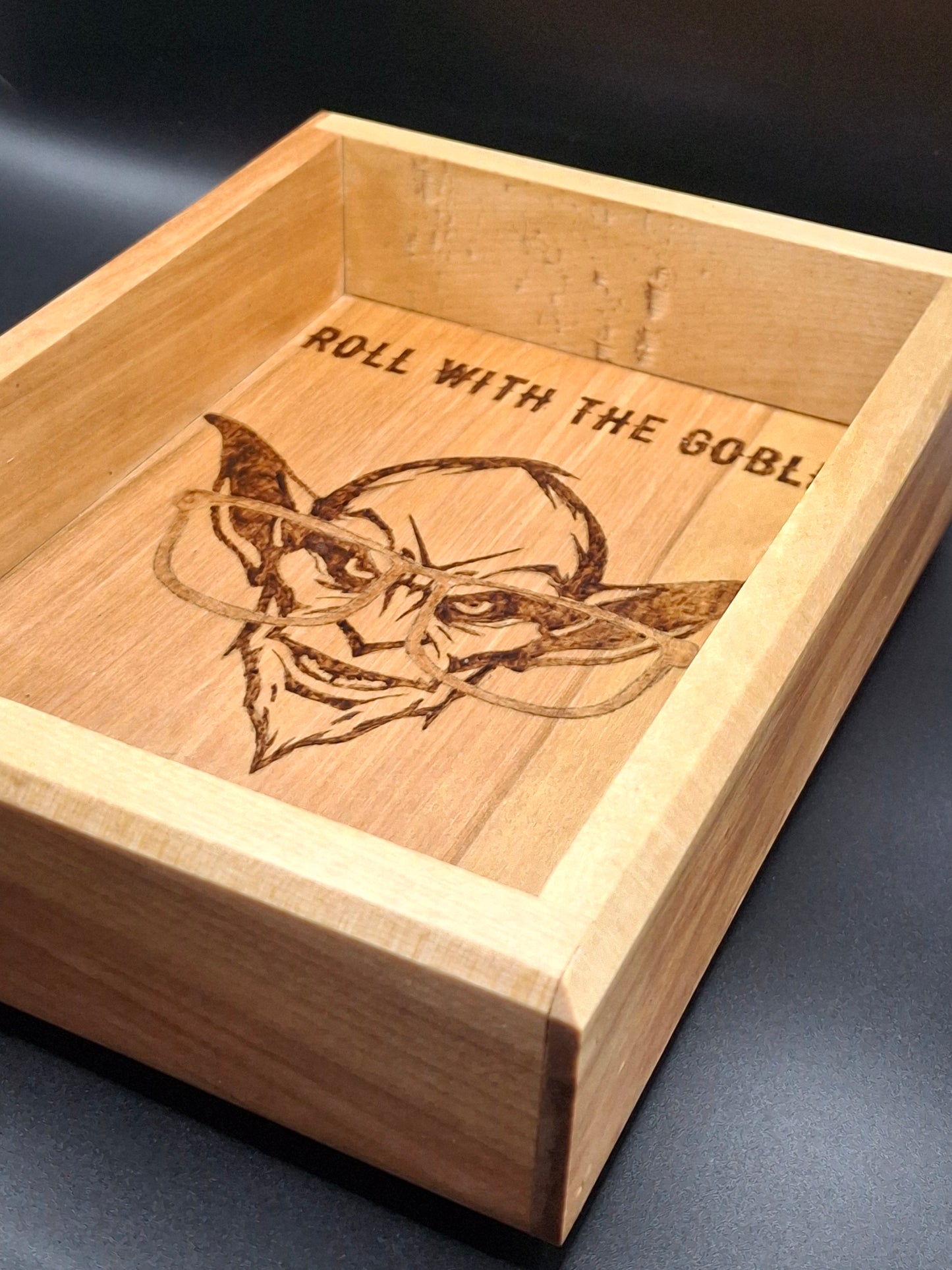 Goblinlight Grove – Handcrafted Pine Dice Tray with the Dice Goblin’s Mark