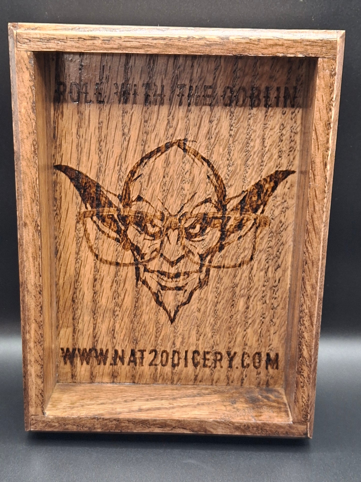 Goblinbound Oak – Handcrafted Oak Dice Tray with the Dice Goblin’s Mark