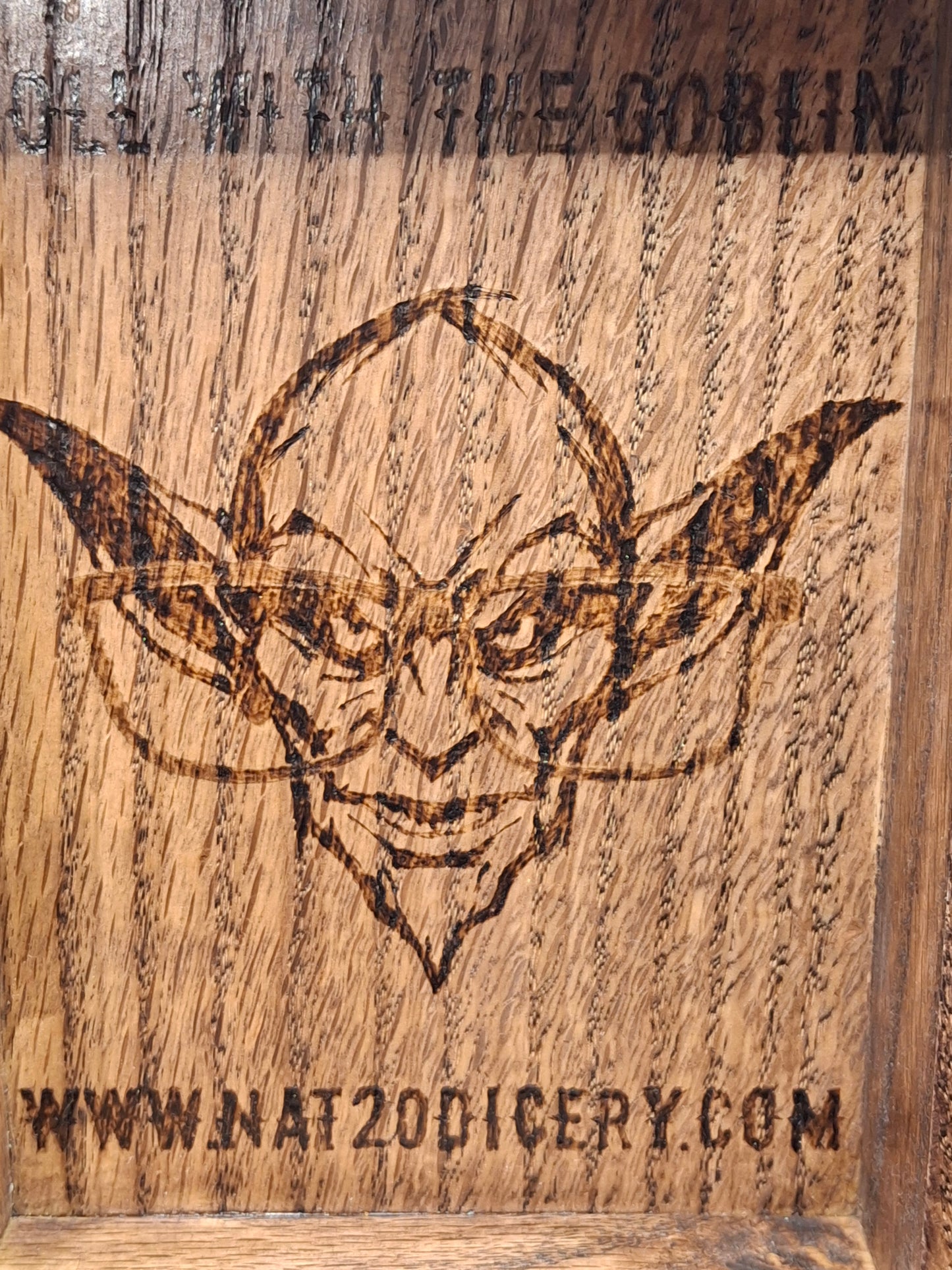 Goblinbound Oak – Handcrafted Oak Dice Tray with the Dice Goblin’s Mark