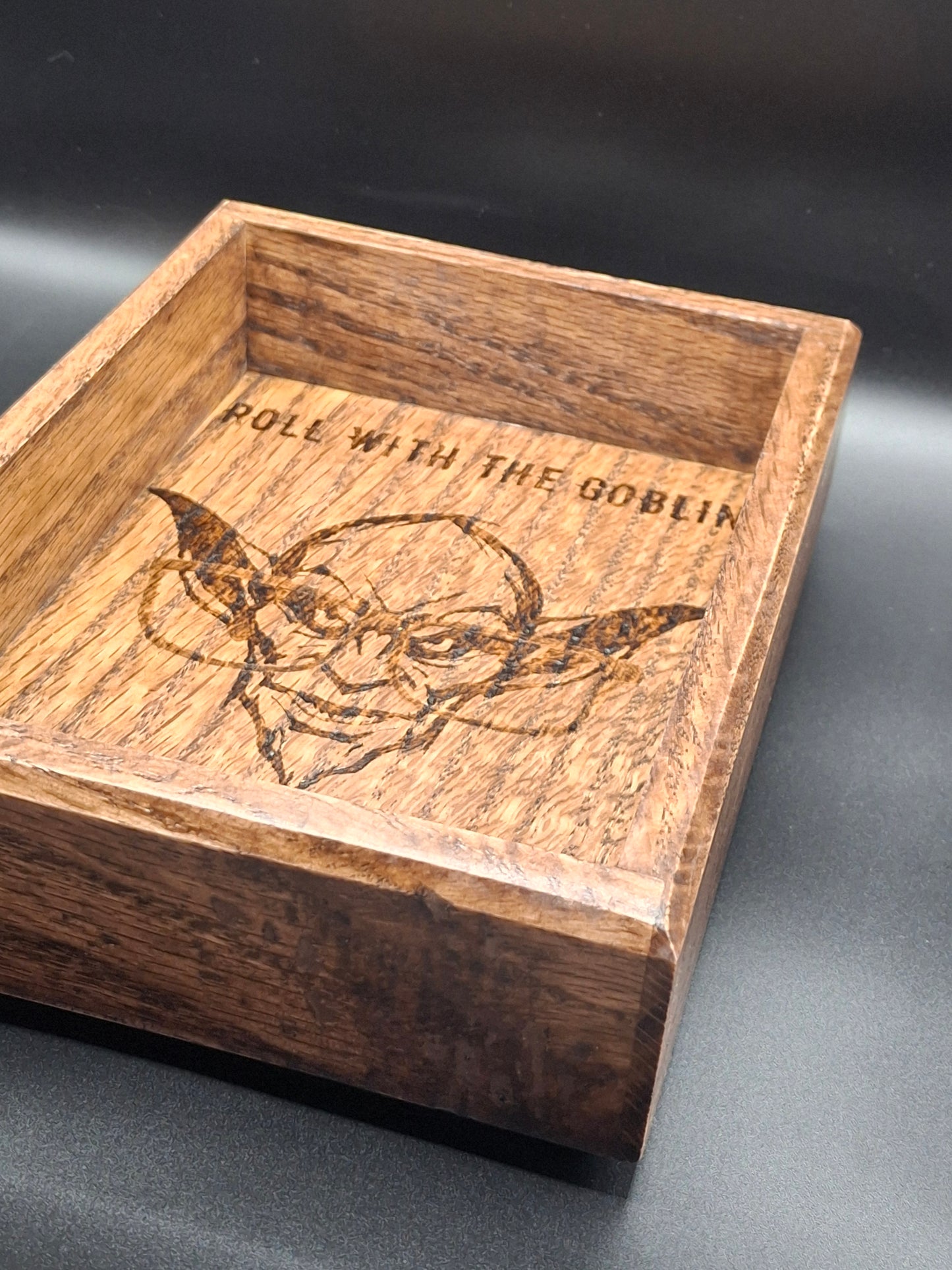 Goblinbound Oak – Handcrafted Oak Dice Tray with the Dice Goblin’s Mark