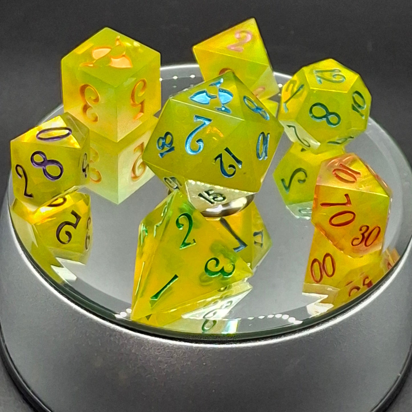Yellow Shimmer Rainbow Ink Dice Set | Sharp Sided Dice | polyhedral Dice | Table Top Role Playing Dice | TTRPG | DnD | Dungeons and Dragons