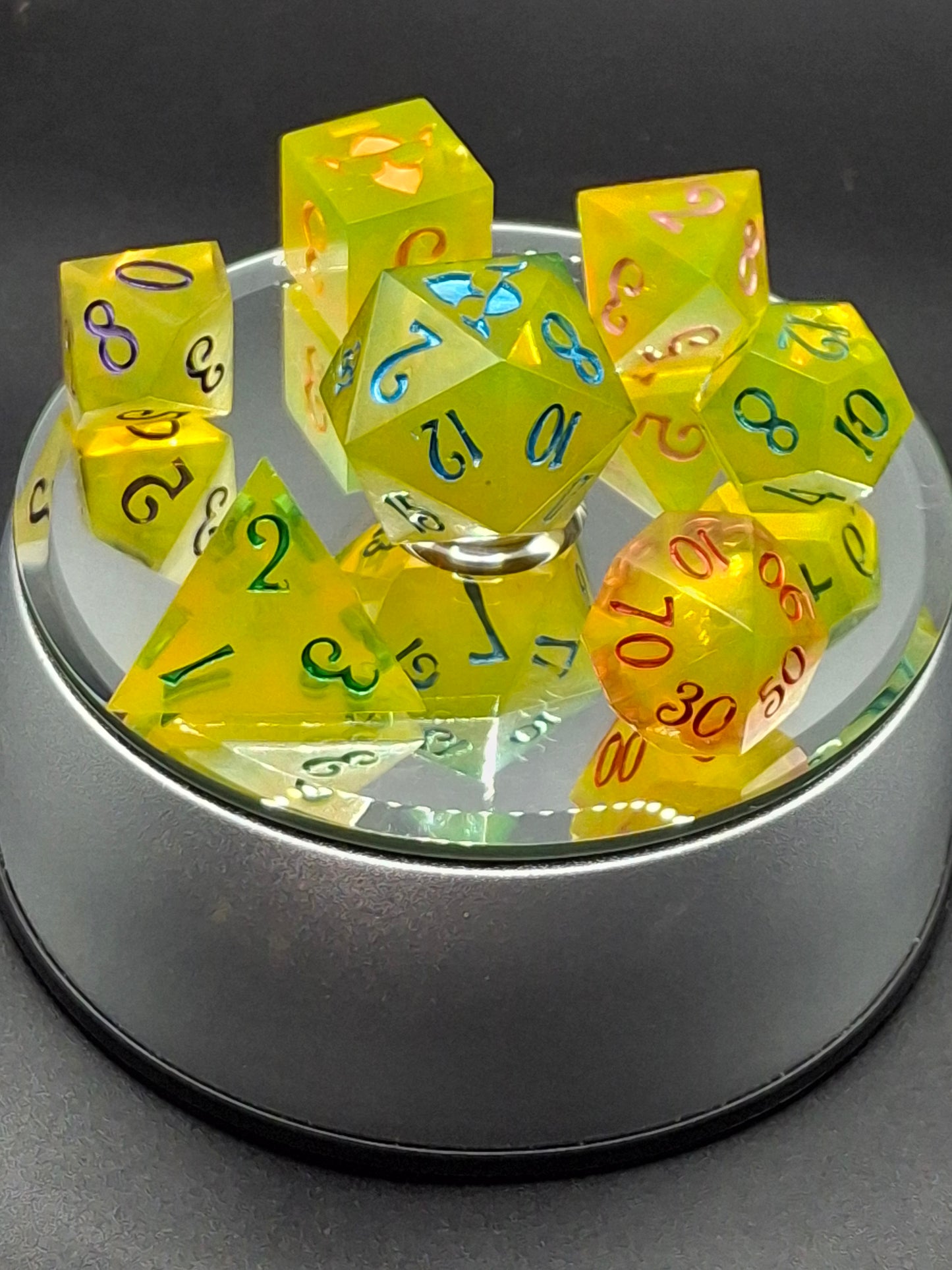 Yellow Shimmer Rainbow Ink Dice Set | Sharp Sided Dice | polyhedral Dice | Table Top Role Playing Dice | TTRPG | DnD | Dungeons and Dragons