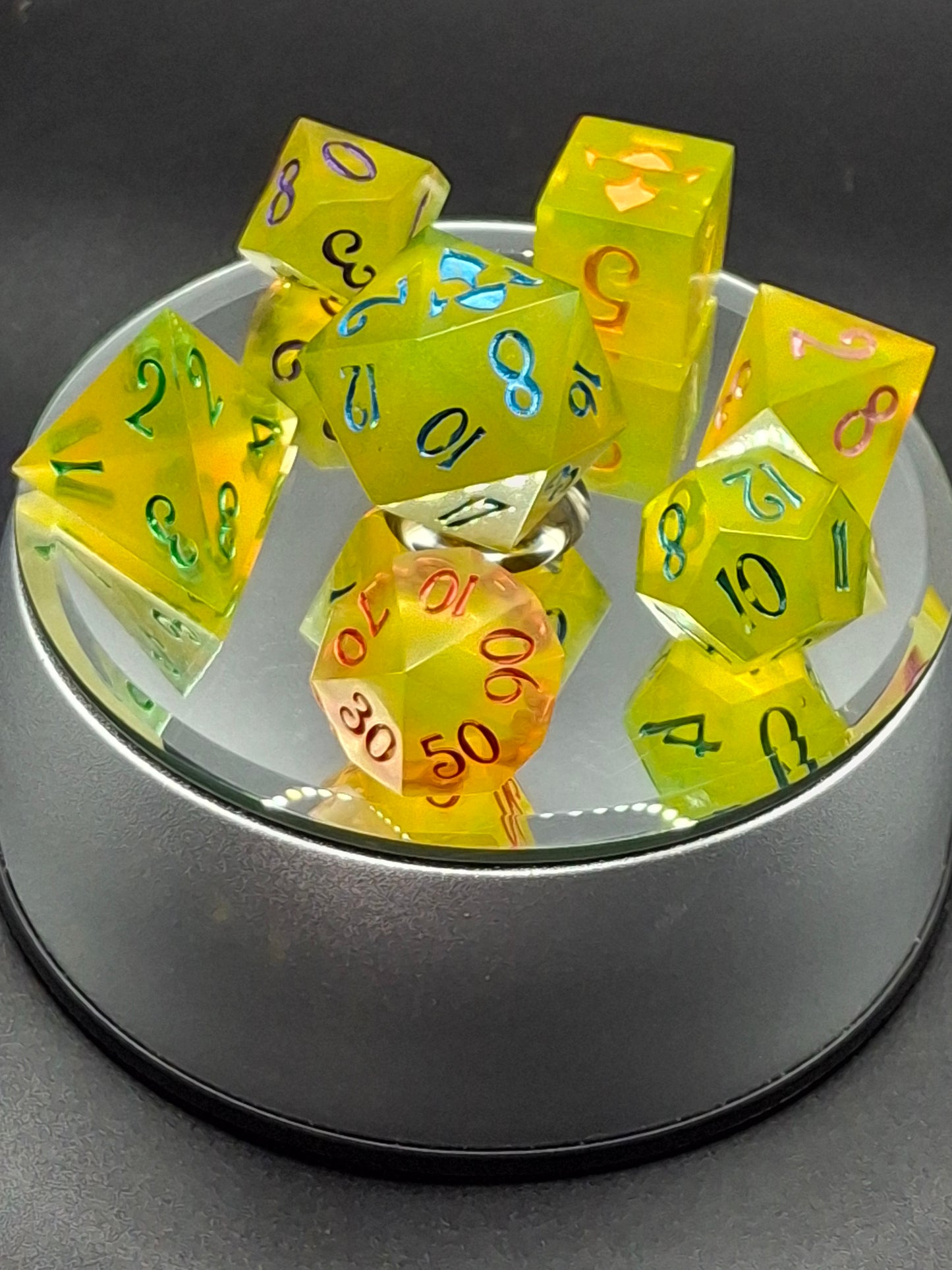 Yellow Shimmer Rainbow Ink Dice Set | Sharp Sided Dice | polyhedral Dice | Table Top Role Playing Dice | TTRPG | DnD | Dungeons and Dragons