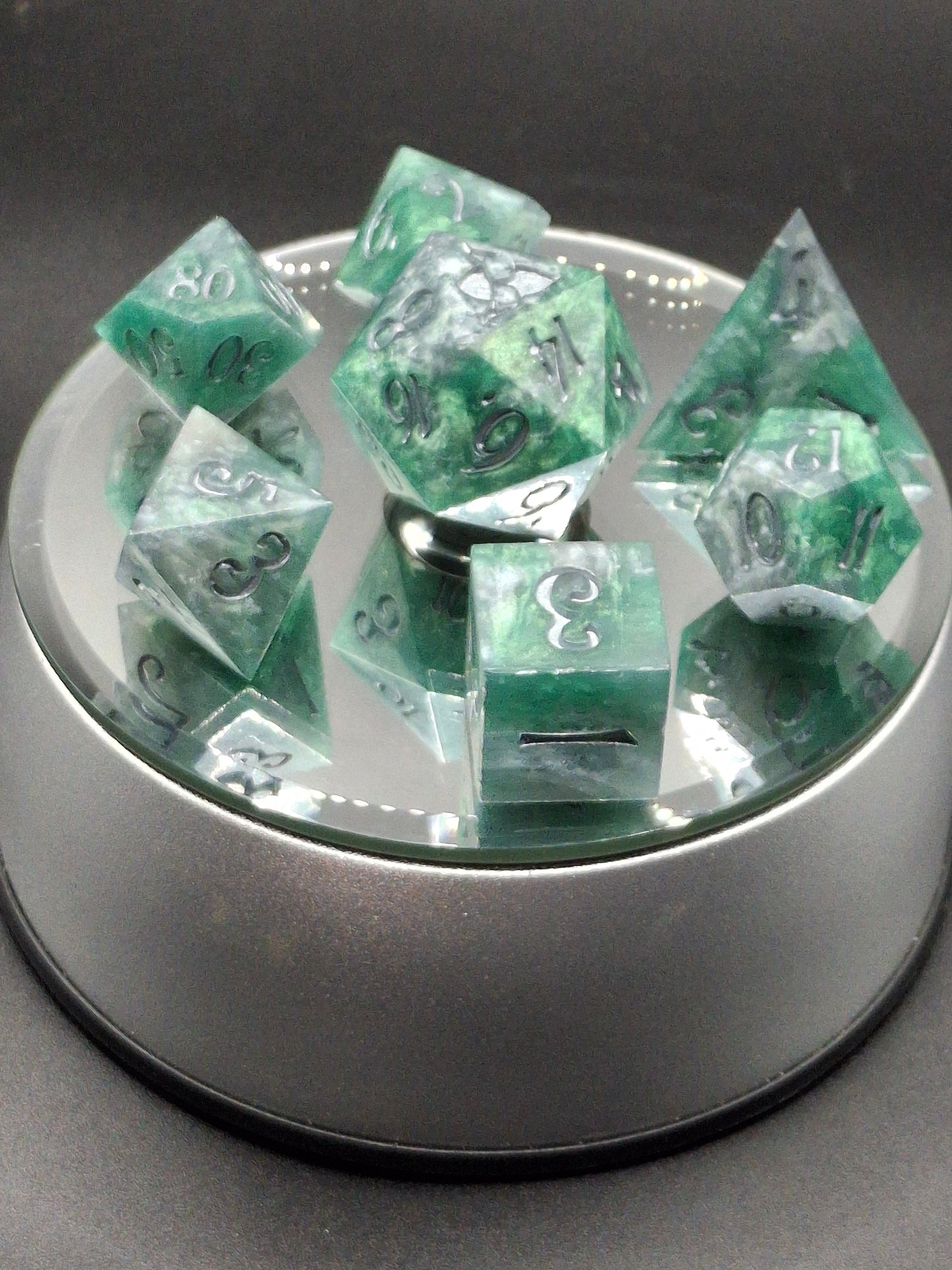 Green Silver Micca Swirl Dice TTRPG Dice Standard 7 Sharp Sided Hand Made Dice Pathfinder | Dungeons and Dragons