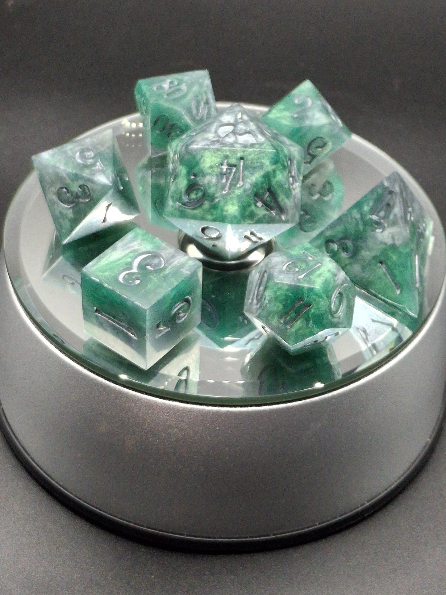 Green Silver Micca Swirl Dice TTRPG Dice Standard 7 Sharp Sided Hand Made Dice Pathfinder | Dungeons and Dragons