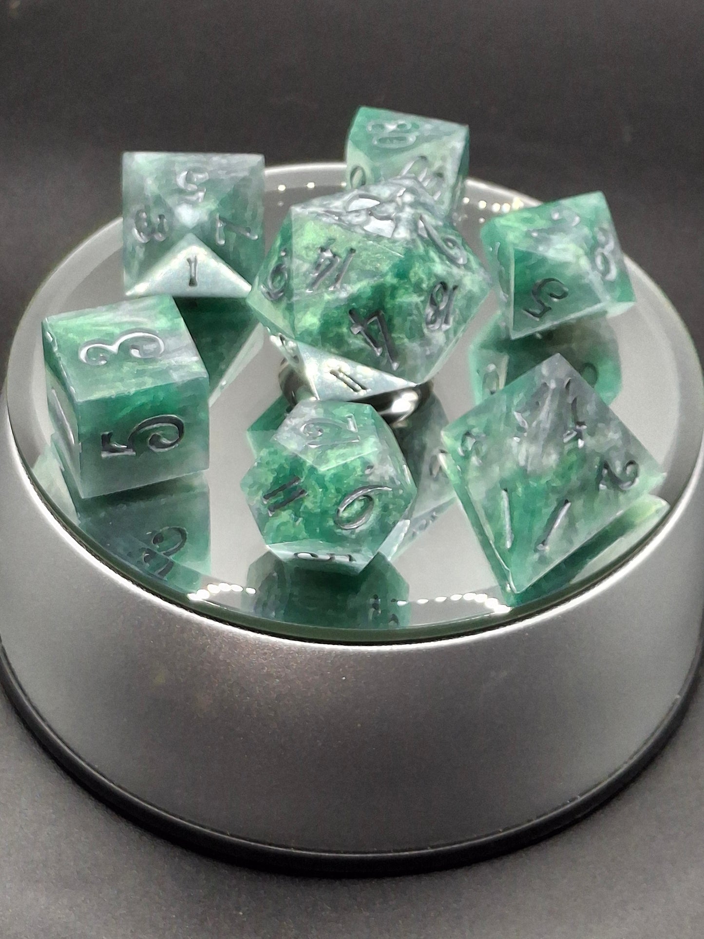Green Silver Micca Swirl Dice TTRPG Dice Standard 7 Sharp Sided Hand Made Dice Pathfinder | Dungeons and Dragons