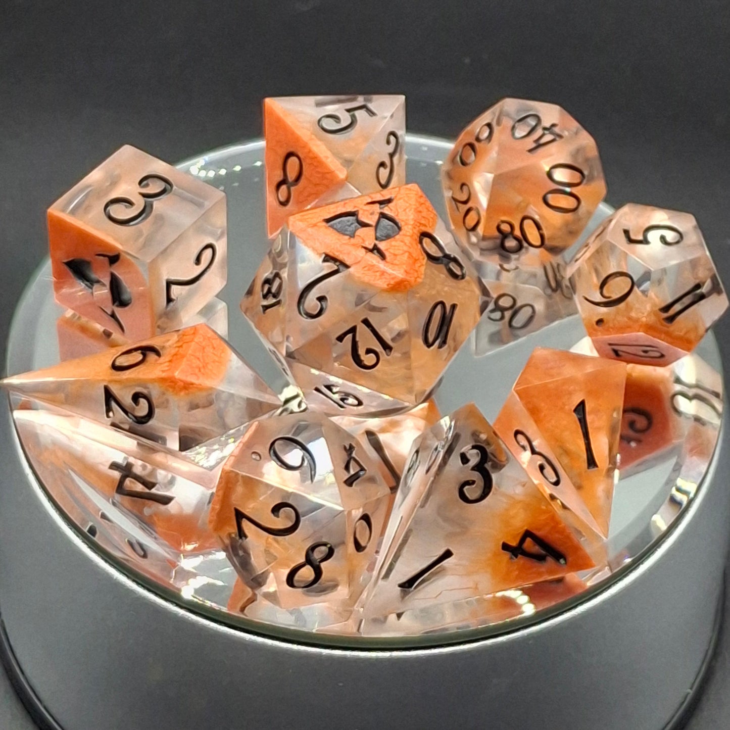 Micca Petrie Drop Dice Set | Polyhedral Dice | TTRPG | DnD | Dungeons and Dragons | Sharp SIded Hand Made Dice Set w Bag | 8 Dice | Crystal
