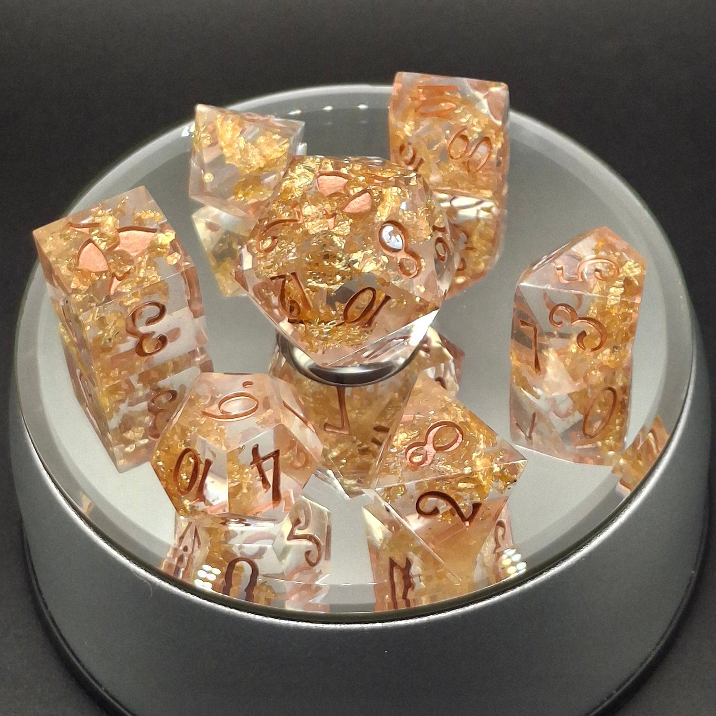 Crystal Gold Set of 7 Dice Dnd Dice TTRPG Dice Set Tabletop Gaming Dungeons and Dragons Pathfinder Hand Made Sharp Sided Dice