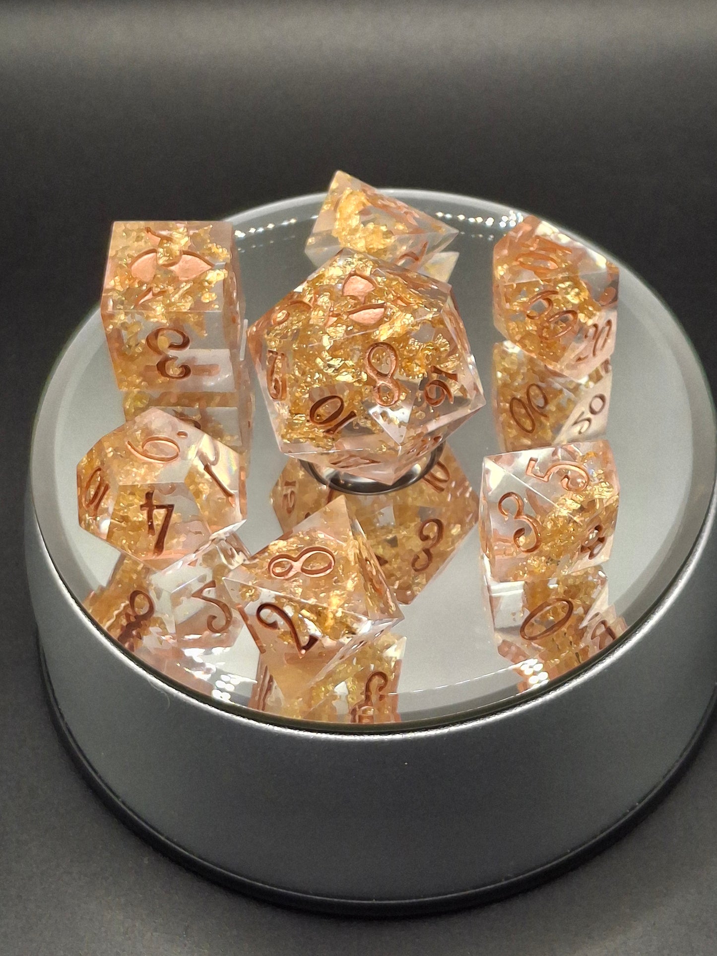 Crystal Gold Set of 7 Dice Dnd Dice TTRPG Dice Set Tabletop Gaming Dungeons and Dragons Pathfinder Hand Made Sharp Sided Dice