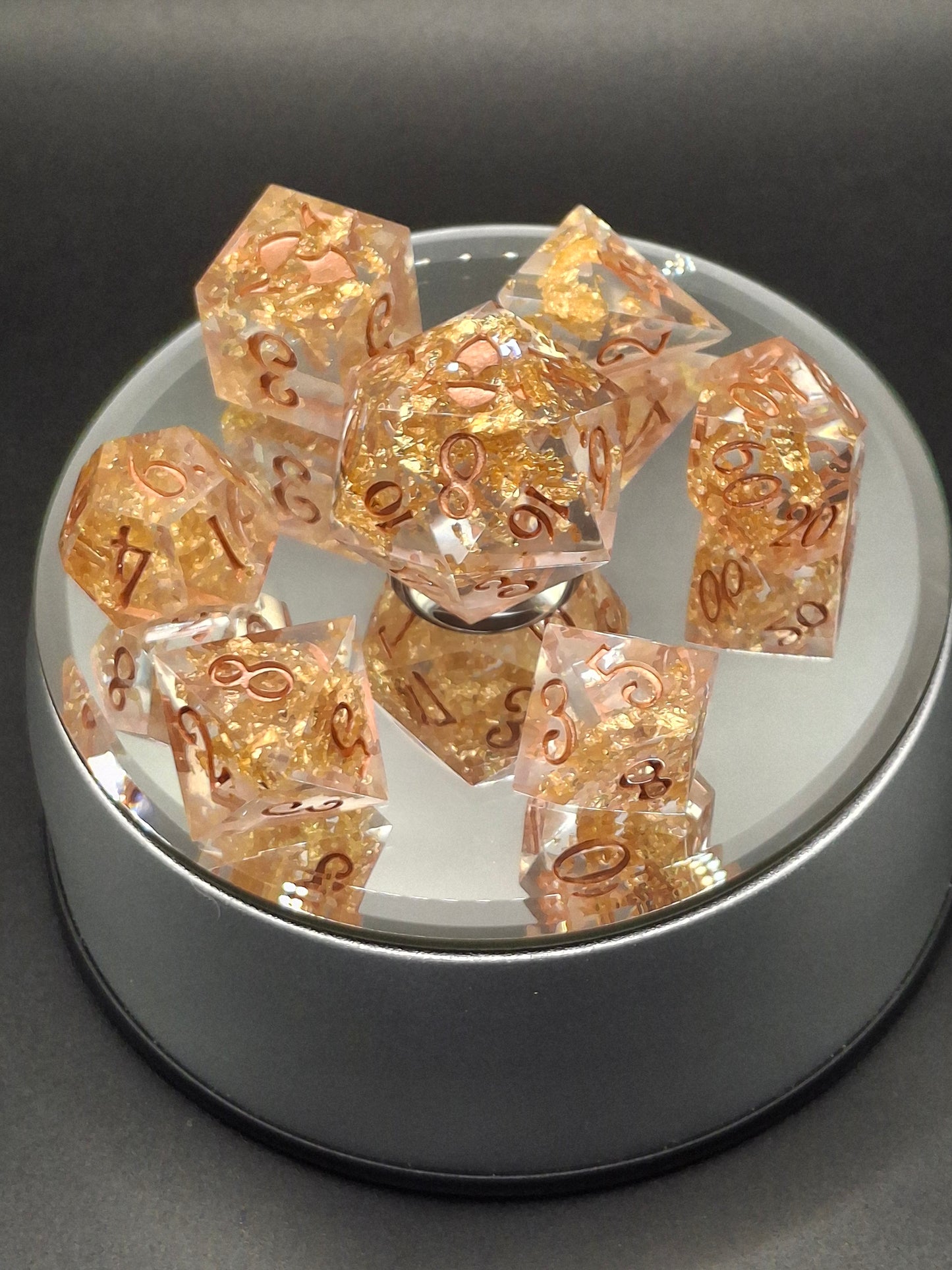 Crystal Gold Set of 7 Dice Dnd Dice TTRPG Dice Set Tabletop Gaming Dungeons and Dragons Pathfinder Hand Made Sharp Sided Dice