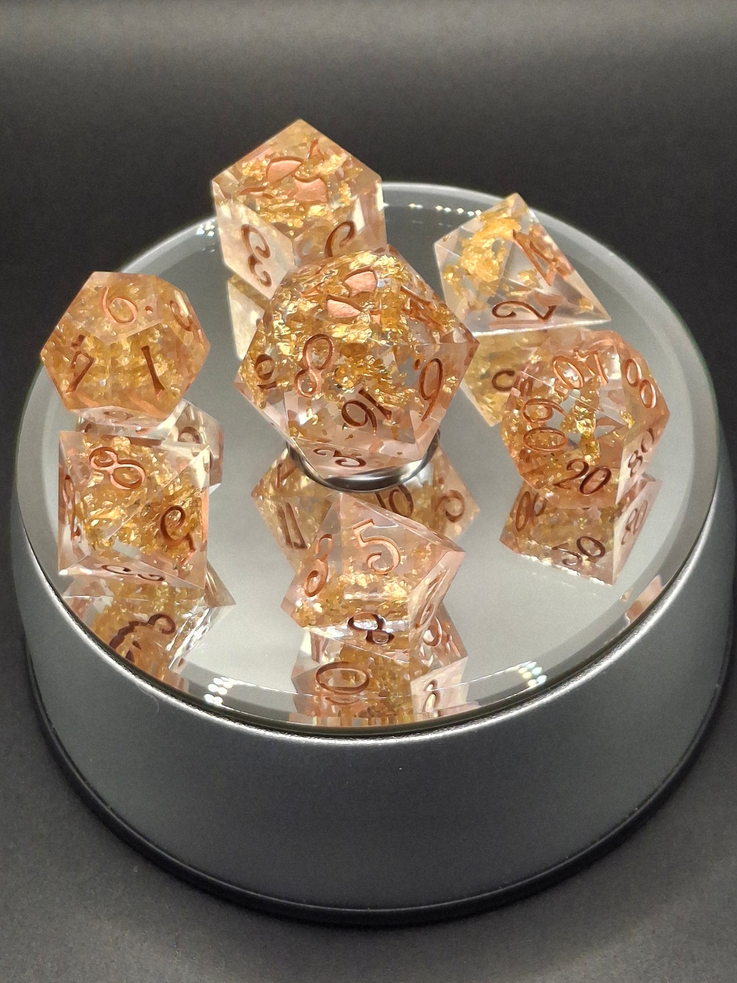 Crystal Gold Set of 7 Dice Dnd Dice TTRPG Dice Set Tabletop Gaming Dungeons and Dragons Pathfinder Hand Made Sharp Sided Dice