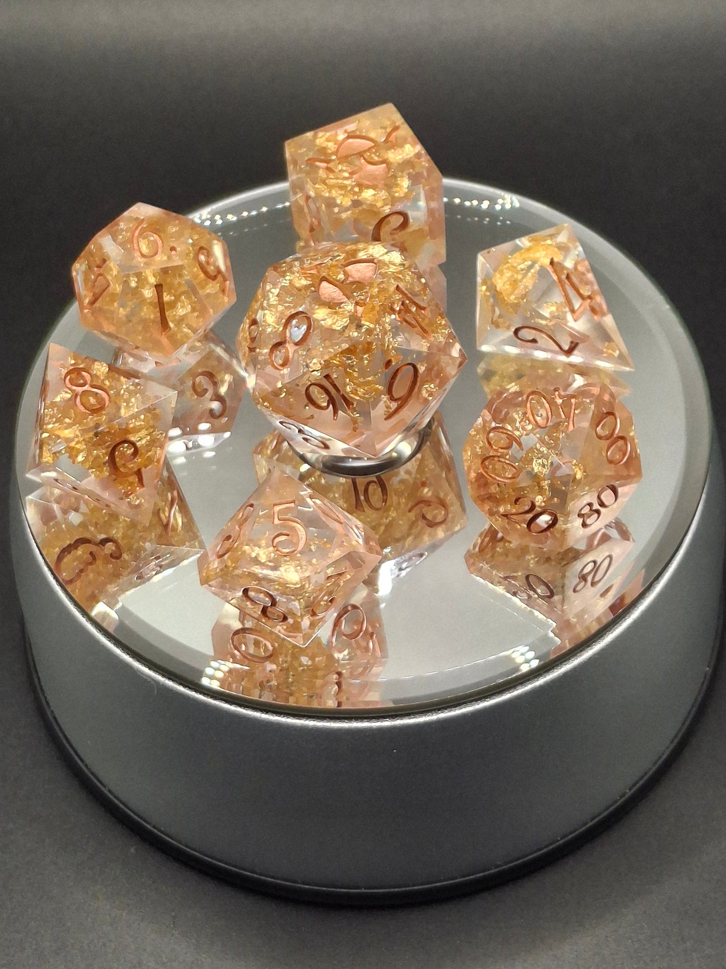 Crystal Gold Set of 7 Dice Dnd Dice TTRPG Dice Set Tabletop Gaming Dungeons and Dragons Pathfinder Hand Made Sharp Sided Dice