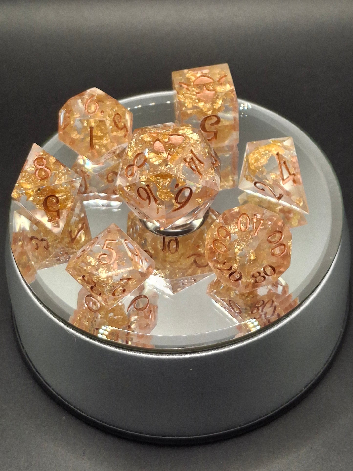 Crystal Gold Set of 7 Dice Dnd Dice TTRPG Dice Set Tabletop Gaming Dungeons and Dragons Pathfinder Hand Made Sharp Sided Dice