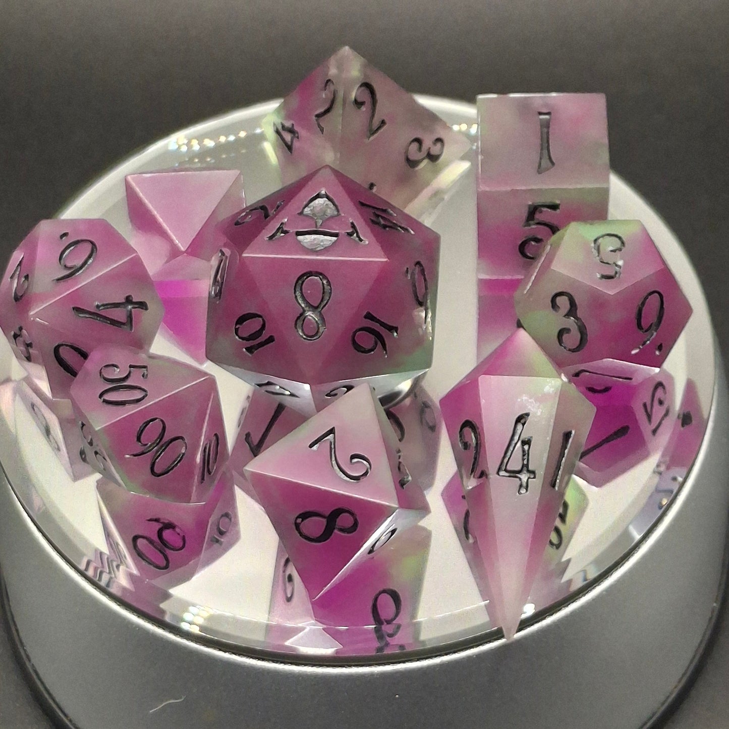 GLOW Dice | TTRPG Dice | Glow in the Dark | Purple Green | Pathfinder | Dungeons and Dragons | Glowing Dice