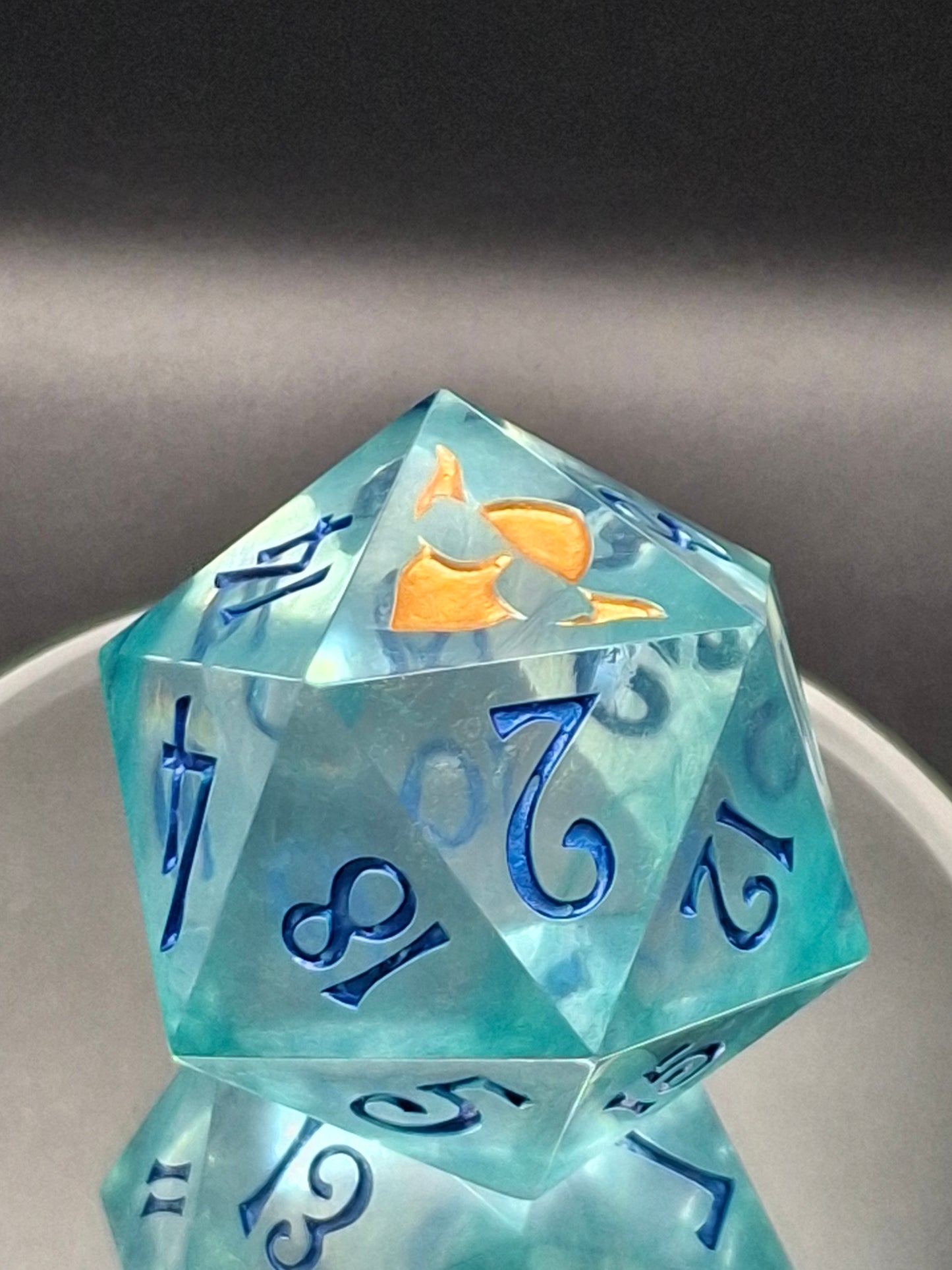 Mystic Arcana D20 Transparent Teal Resin Dice 55mm Chonk Sharp Edge Handmade DnD Die