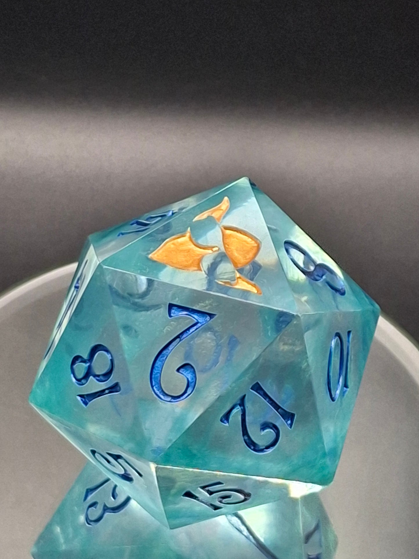 Mystic Arcana D20 Transparent Teal Resin Dice 55mm Chonk Sharp Edge Handmade DnD Die