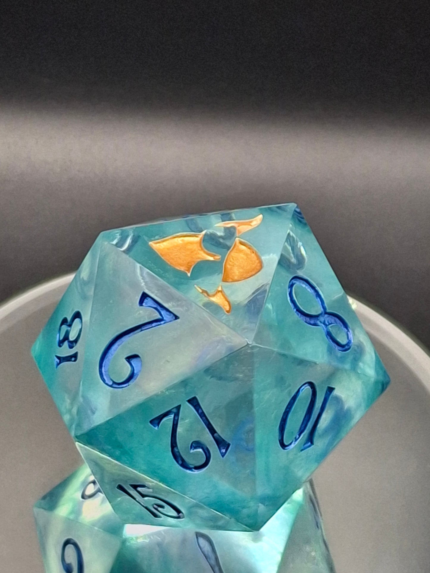Mystic Arcana D20 Transparent Teal Resin Dice 55mm Chonk Sharp Edge Handmade DnD Die