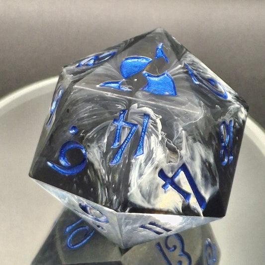 Epic Shimmering Blue and Silver D20 Dice - Adventure Awaits! 55 mm Chonk