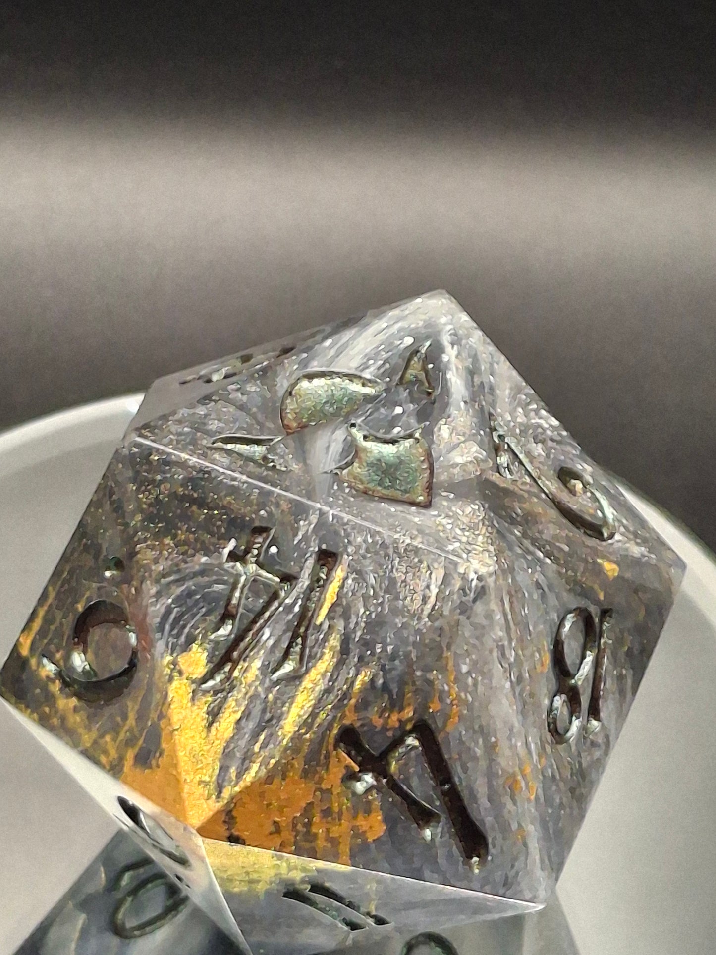 55mm Black, White & Clear Chonk D20 – Handmade Sharp-Edged Dice with Color-Shifting TurboDork Ink for DnD