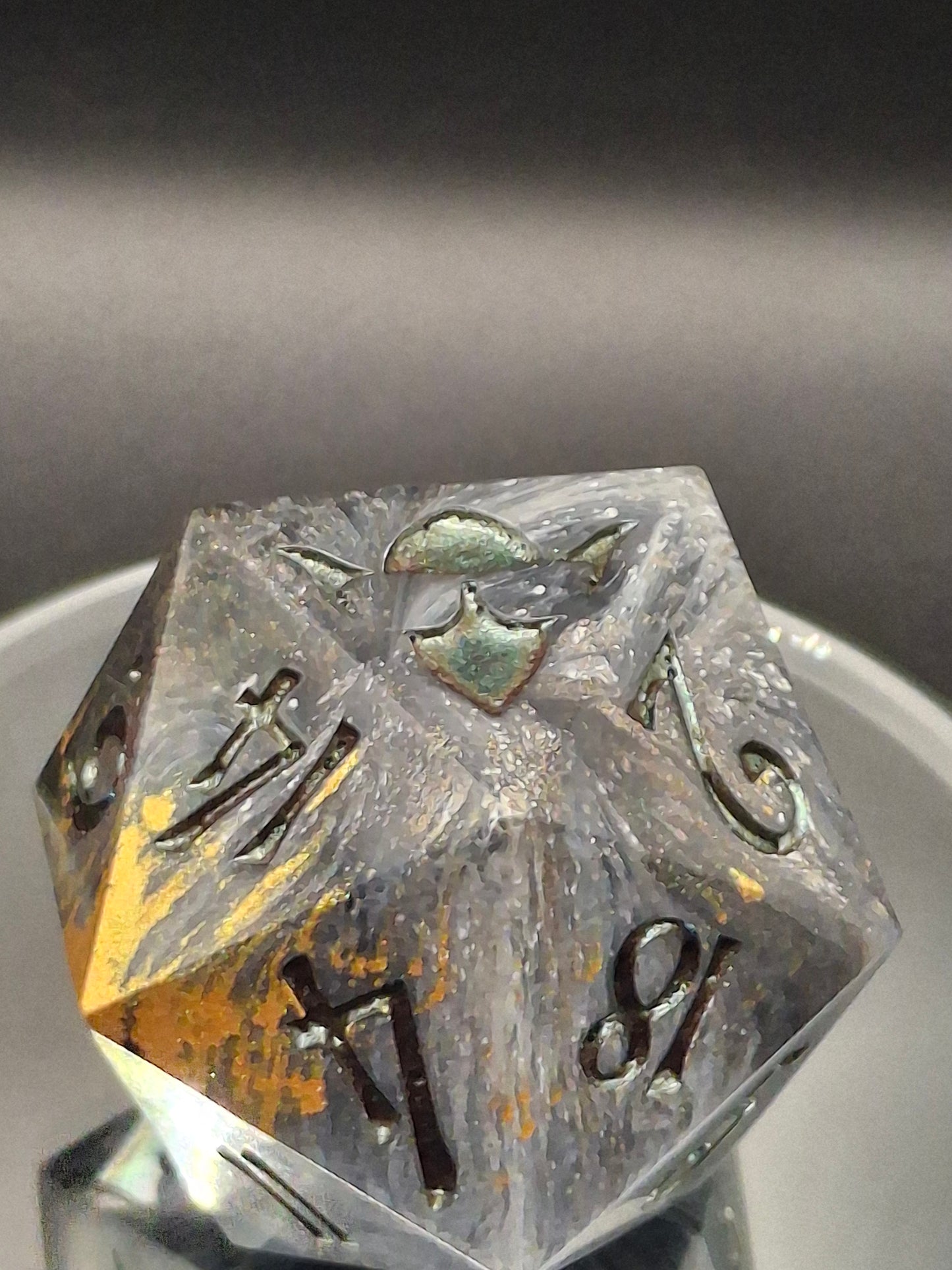 55mm Black, White & Clear Chonk D20 – Handmade Sharp-Edged Dice with Color-Shifting TurboDork Ink for DnD