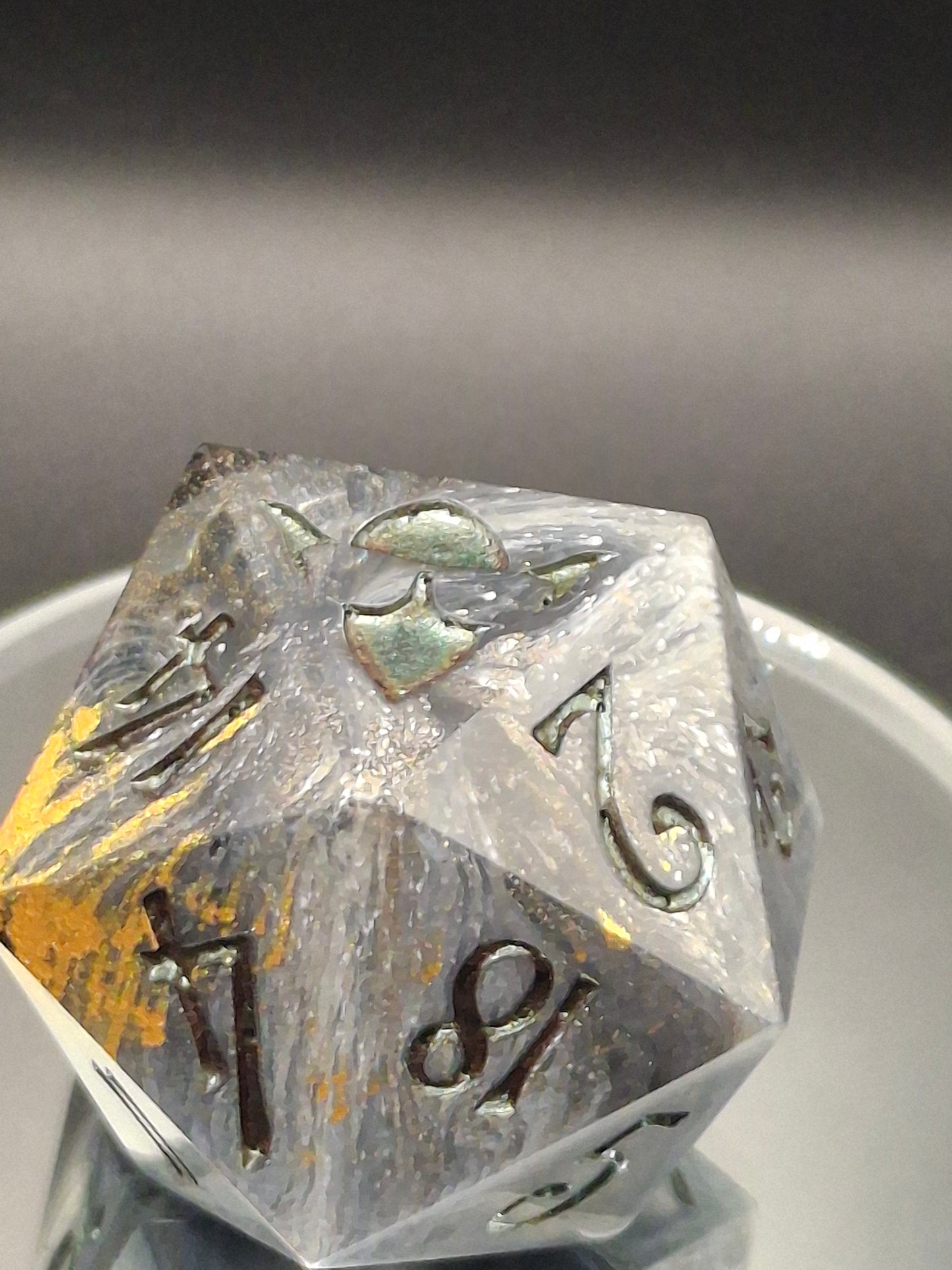55mm Black, White & Clear Chonk D20 – Handmade Sharp-Edged Dice with Color-Shifting TurboDork Ink for DnD