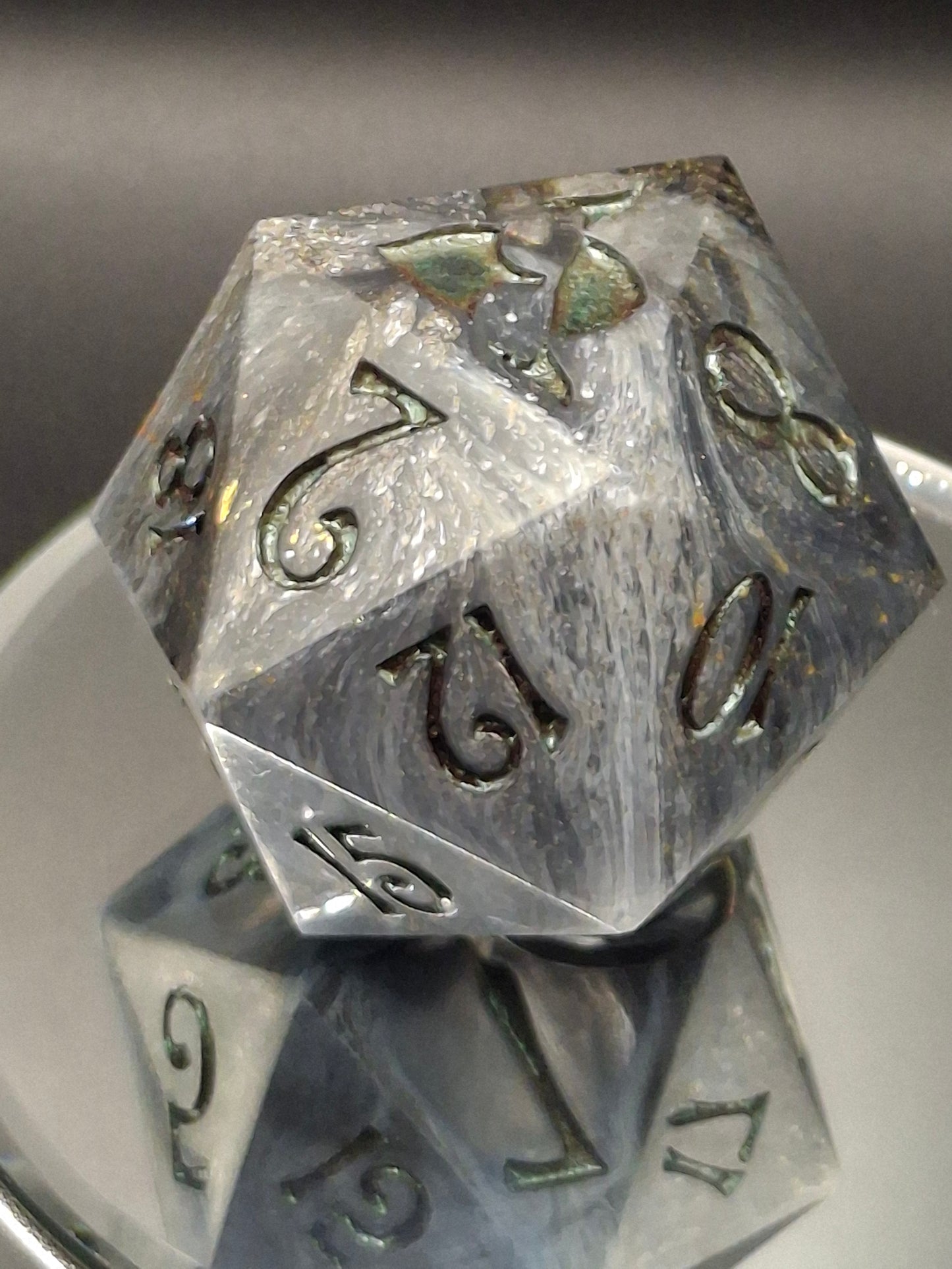 55mm Black, White & Clear Chonk D20 – Handmade Sharp-Edged Dice with Color-Shifting TurboDork Ink for DnD