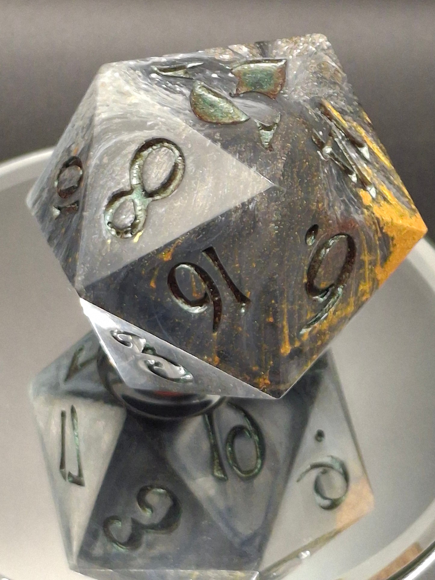 55mm Black, White & Clear Chonk D20 – Handmade Sharp-Edged Dice with Color-Shifting TurboDork Ink for DnD