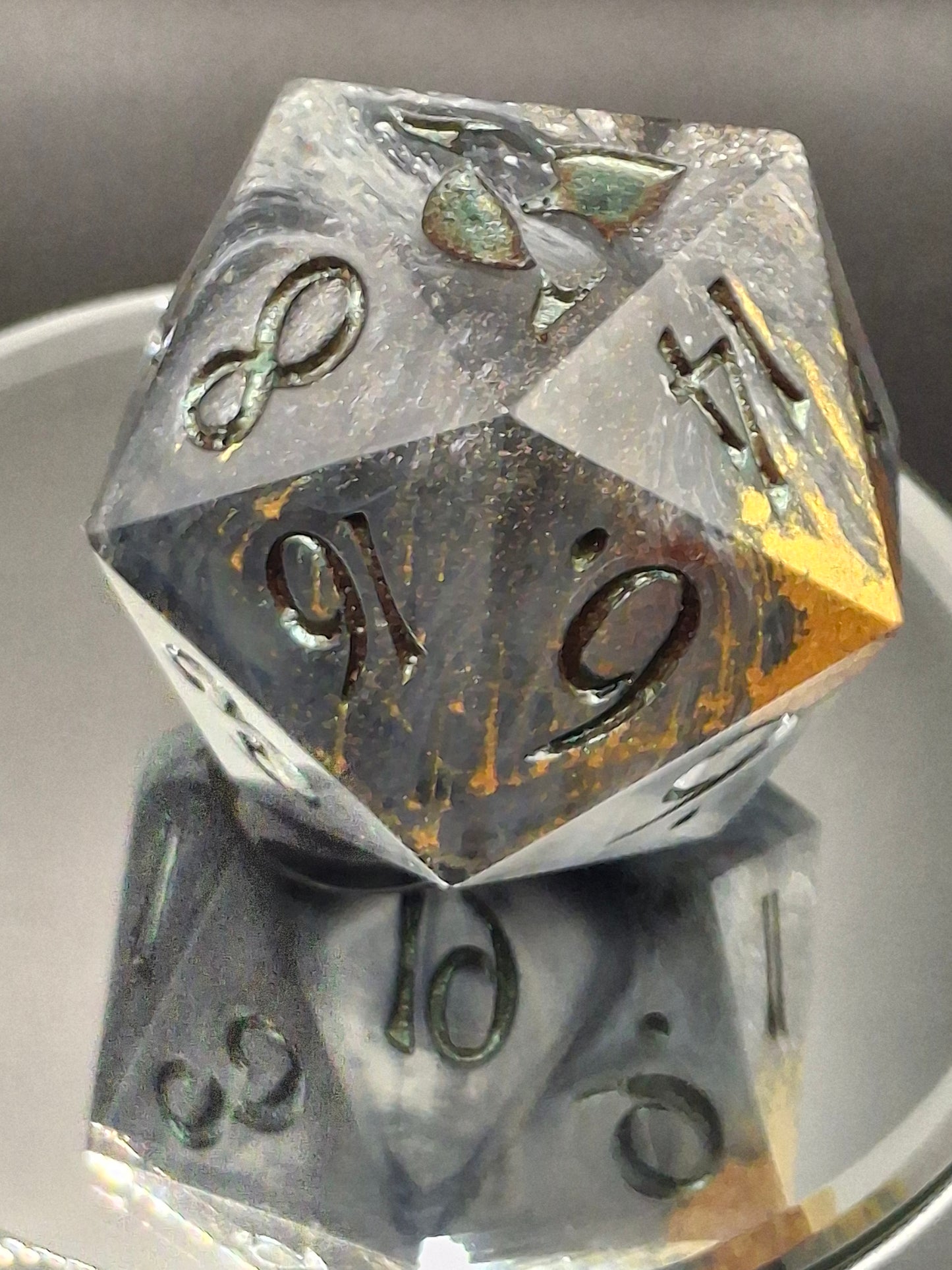 55mm Black, White & Clear Chonk D20 – Handmade Sharp-Edged Dice with Color-Shifting TurboDork Ink for DnD