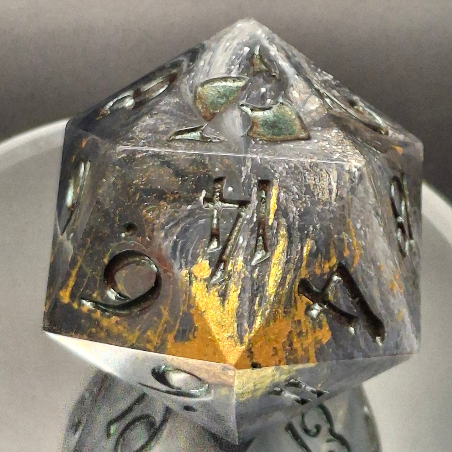 55mm Black, White & Clear Chonk D20 – Handmade Sharp-Edged Dice with Color-Shifting TurboDork Ink for DnD