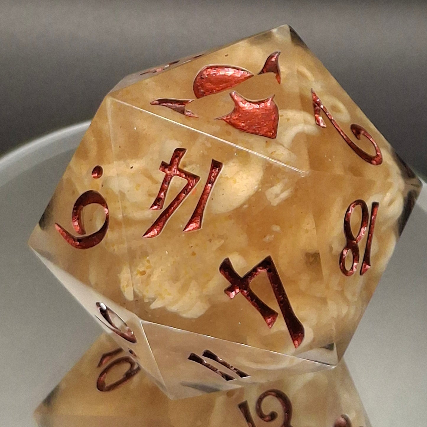 55mm Ramen Noodle Chonk D20 – Handmade Sharp-Edged Dice with Real Beef Ramen & TurboDork Redrum Ink