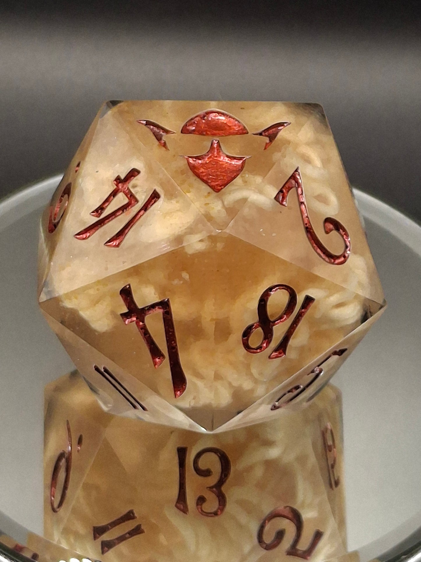 55mm Ramen Noodle Chonk D20 – Handmade Sharp-Edged Dice with Real Beef Ramen & TurboDork Redrum Ink