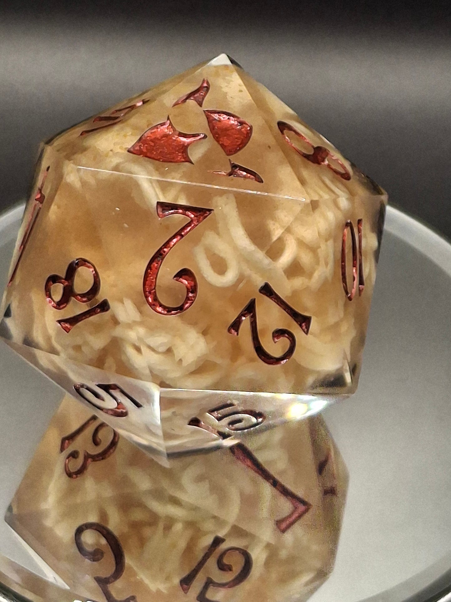 55mm Ramen Noodle Chonk D20 – Handmade Sharp-Edged Dice with Real Beef Ramen & TurboDork Redrum Ink