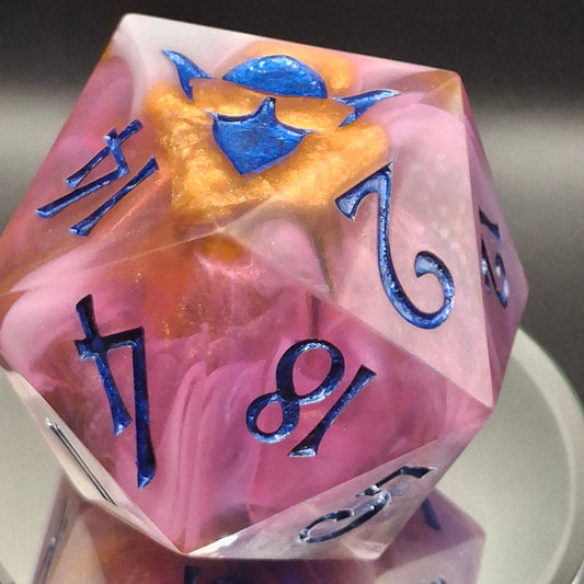 78mm Handmade Chonk D20 – Sunset Swirl Sharp-Edged Dice in Purple & Orange with TurboDork Ink