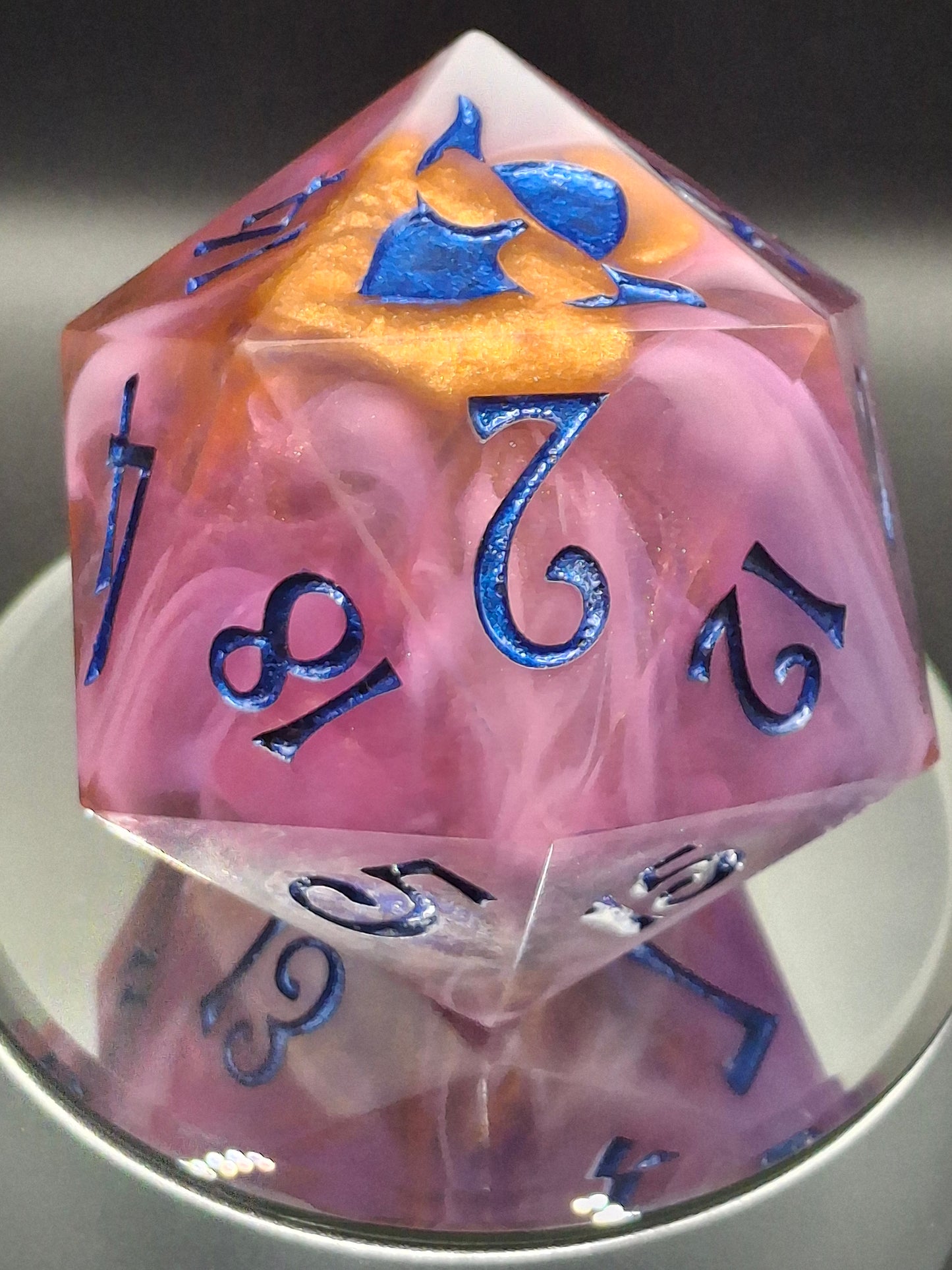 78mm Handmade Chonk D20 – Sunset Swirl Sharp-Edged Dice in Purple & Orange with TurboDork Ink