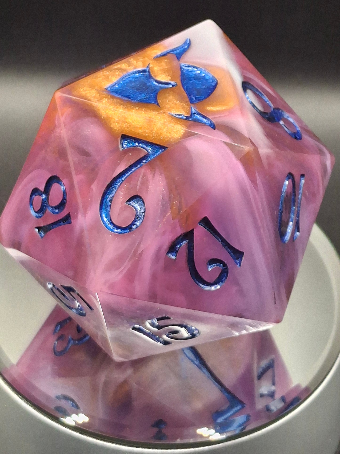 78mm Handmade Chonk D20 – Sunset Swirl Sharp-Edged Dice in Purple & Orange with TurboDork Ink