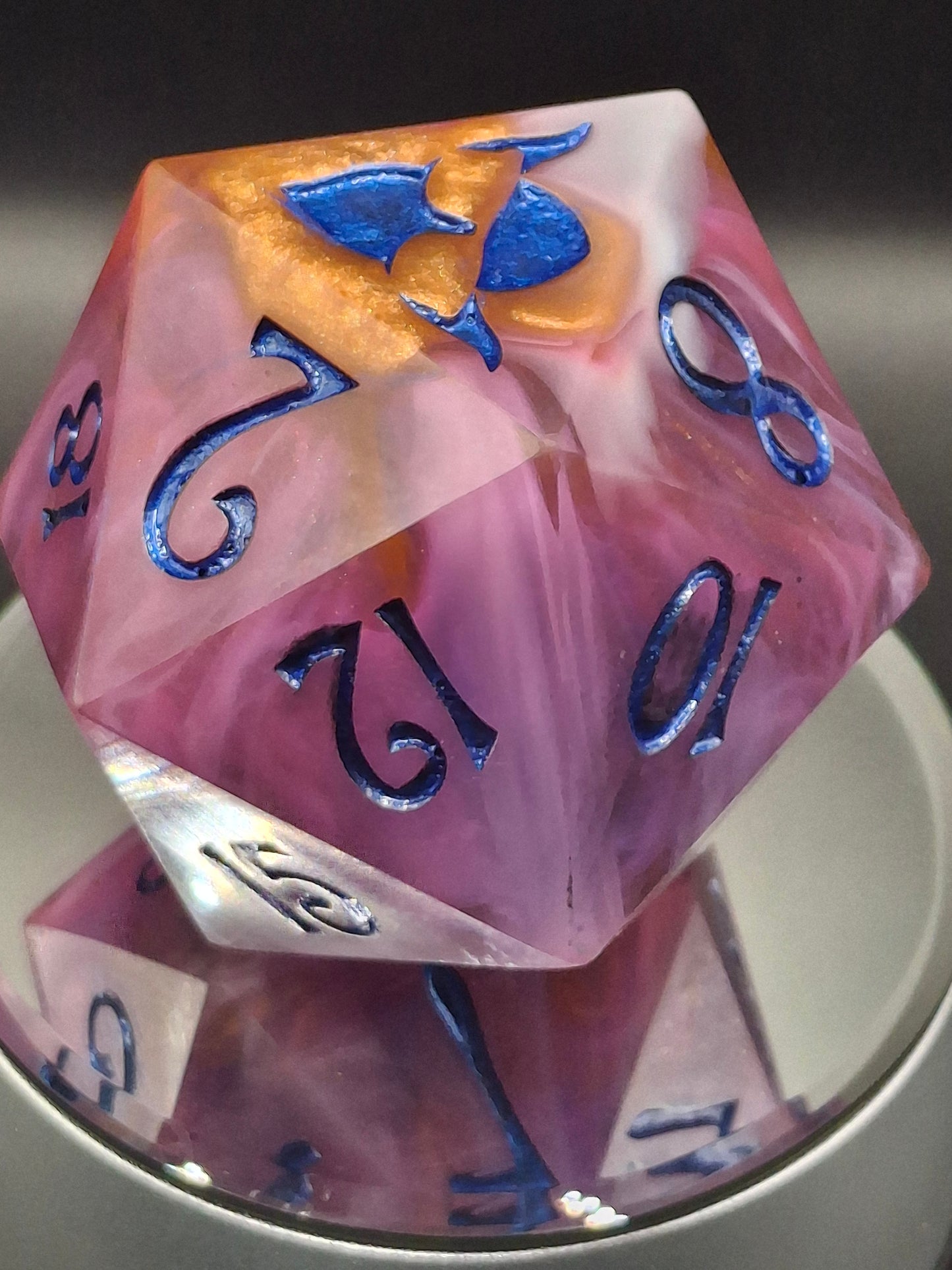 78mm Handmade Chonk D20 – Sunset Swirl Sharp-Edged Dice in Purple & Orange with TurboDork Ink