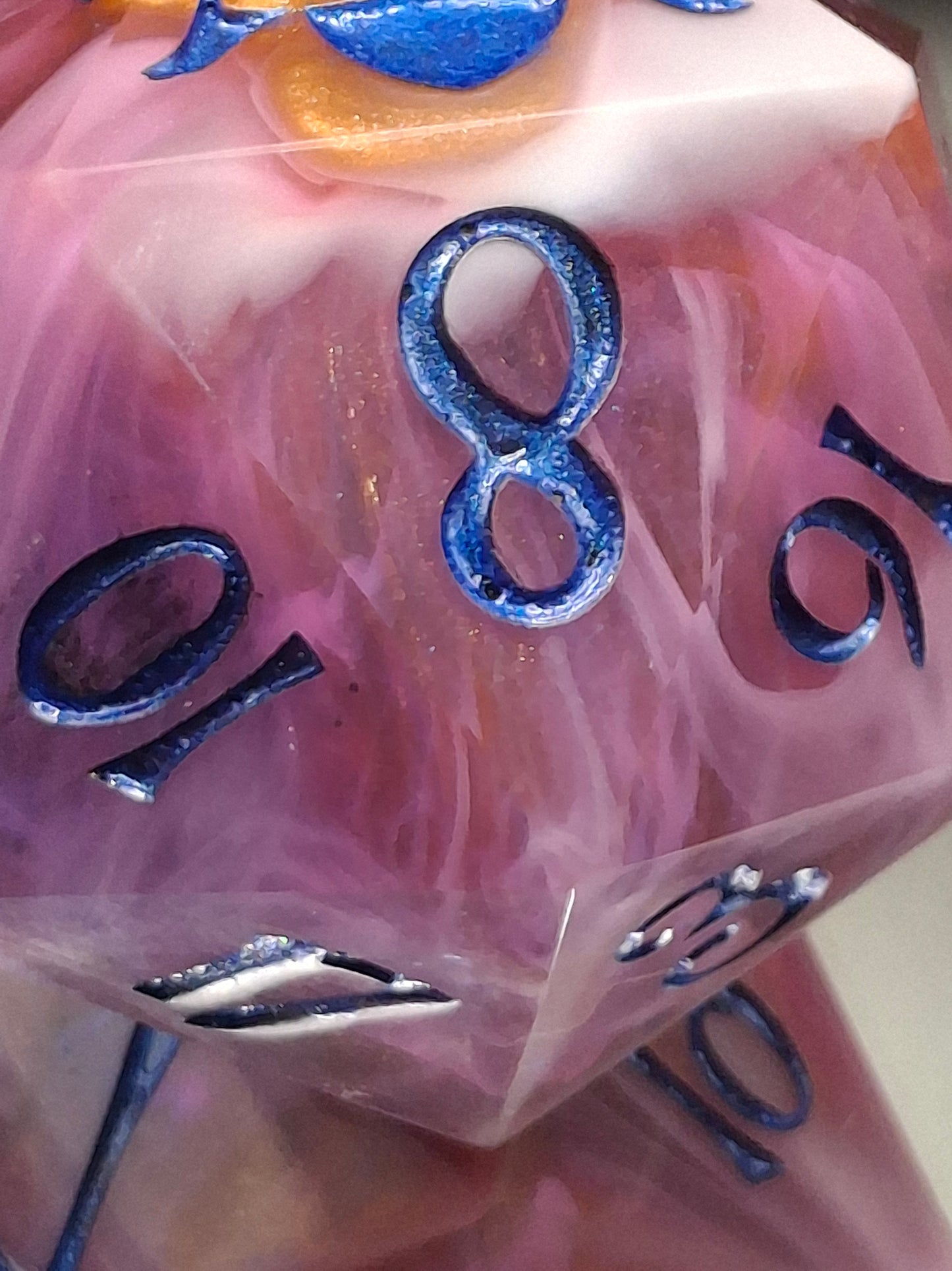 78mm Handmade Chonk D20 – Sunset Swirl Sharp-Edged Dice in Purple & Orange with TurboDork Ink