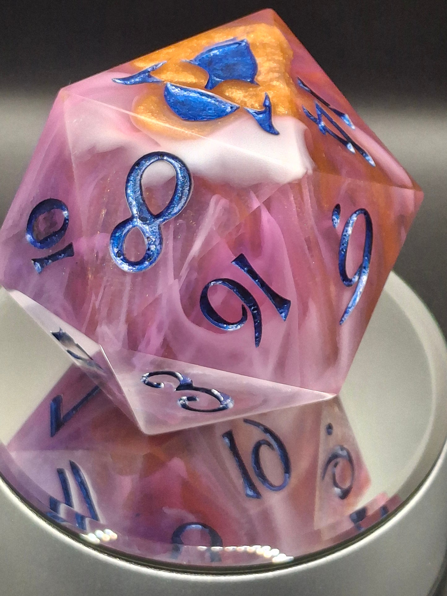 78mm Handmade Chonk D20 – Sunset Swirl Sharp-Edged Dice in Purple & Orange with TurboDork Ink
