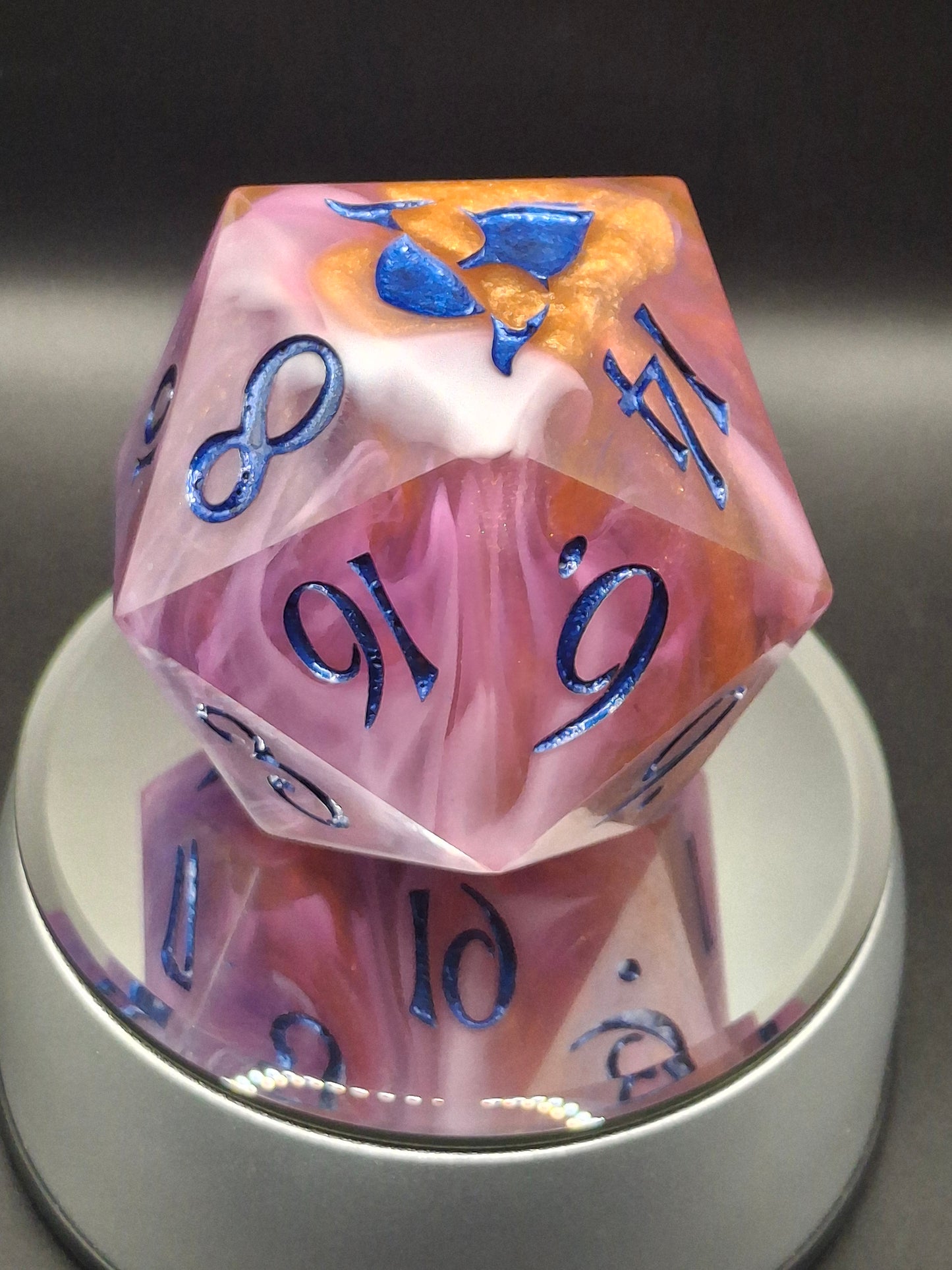 78mm Handmade Chonk D20 – Sunset Swirl Sharp-Edged Dice in Purple & Orange with TurboDork Ink