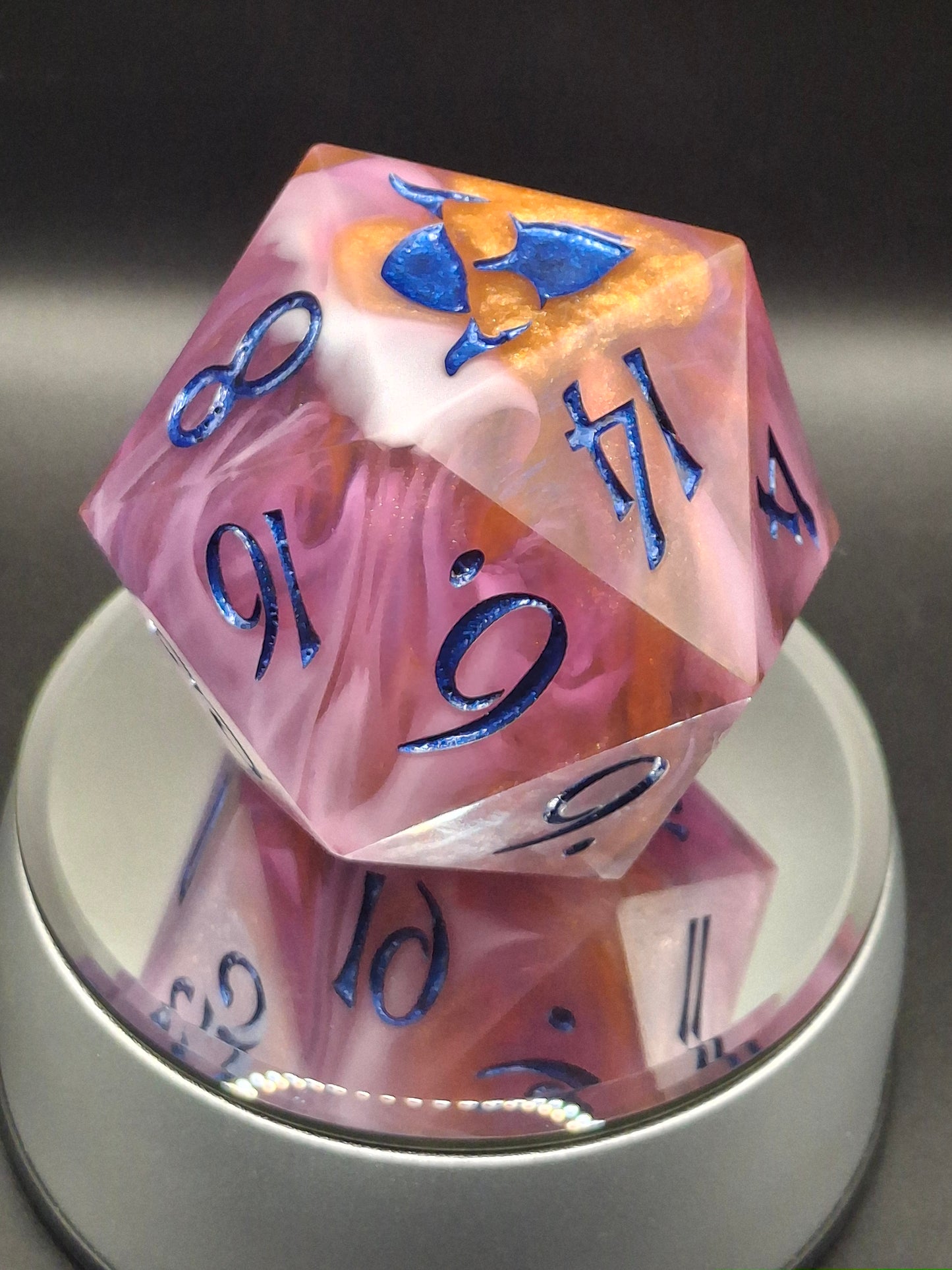 78mm Handmade Chonk D20 – Sunset Swirl Sharp-Edged Dice in Purple & Orange with TurboDork Ink