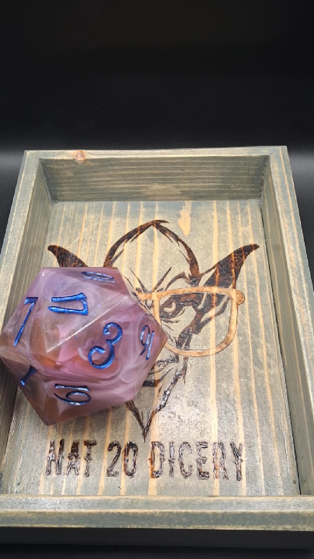 78mm Handmade Chonk D20 – Sunset Swirl Sharp-Edged Dice in Purple & Orange with TurboDork Ink