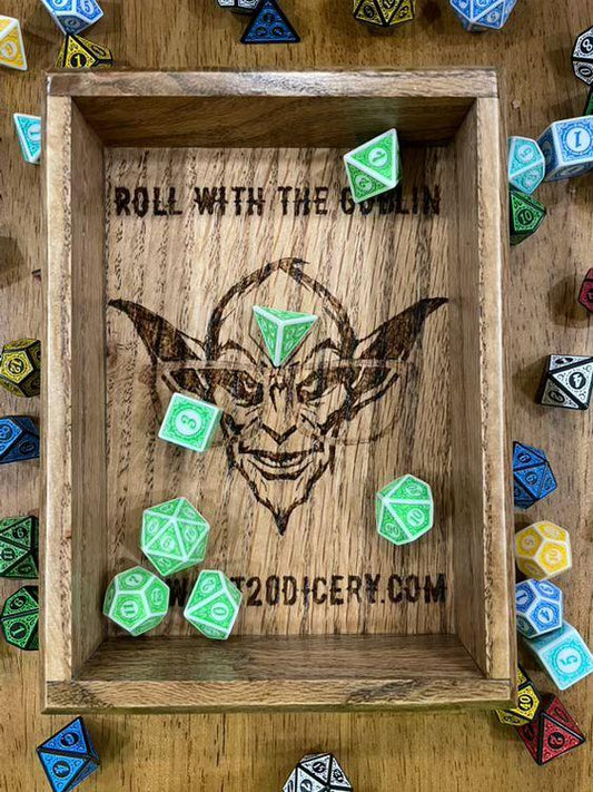 Goblinbound Oak – Handcrafted Oak Dice Tray with the Dice Goblin’s Mark
