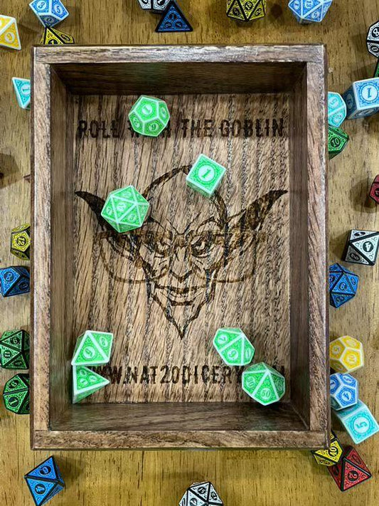 🌑 Goblinshade Hollow – Dark Walnut Dice Tray with the Dice Goblin’s Mark