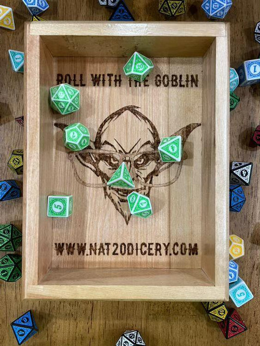 Goblinlight Grove – Handcrafted Pine Dice Tray with the Dice Goblin’s Mark